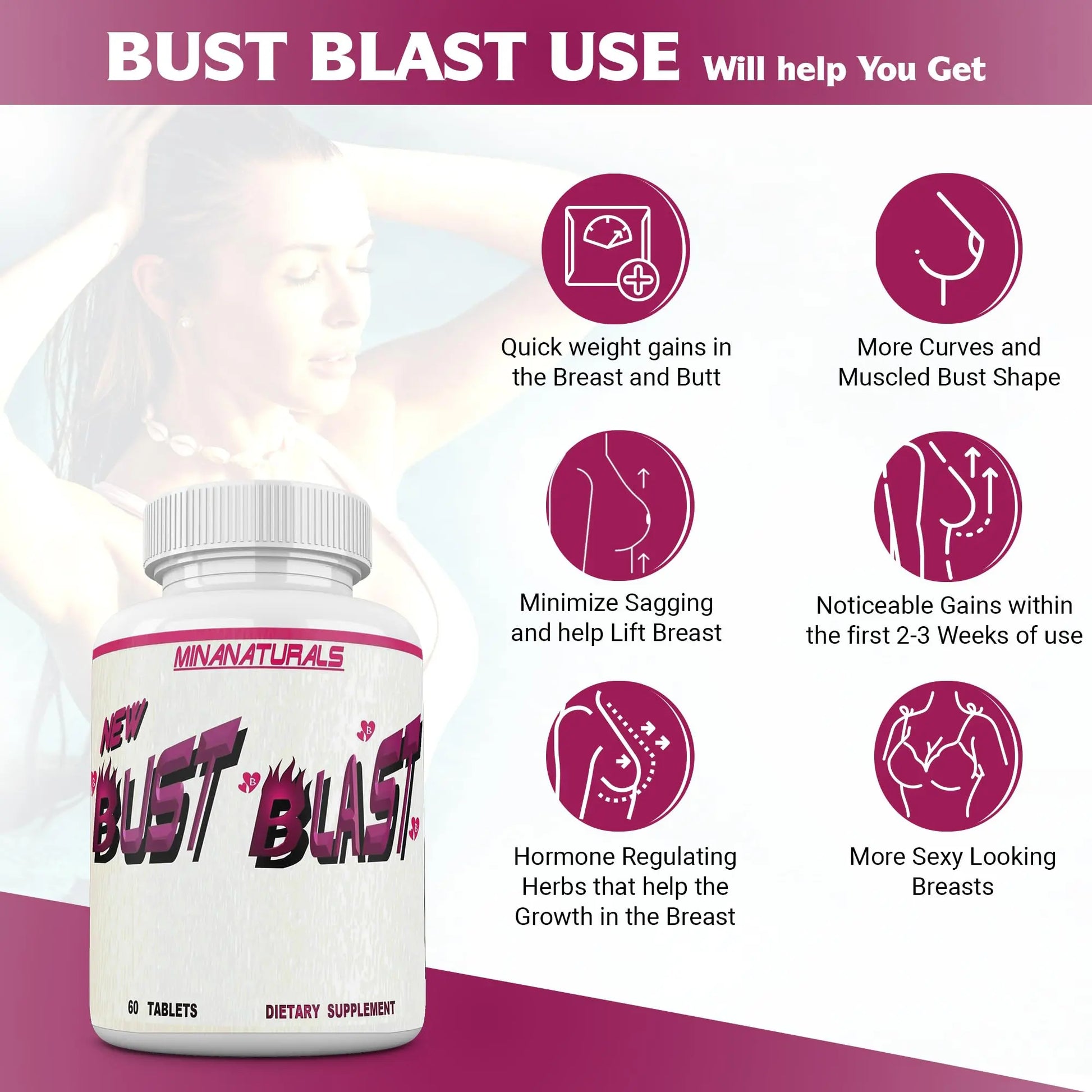 MINANATURALS Bust Blast Loaded Increase Breast Size Fast. Female Breast Enhancement - Bigger Boobs and Butt Pills. 60 Tablets MINANATURALSnz supplements