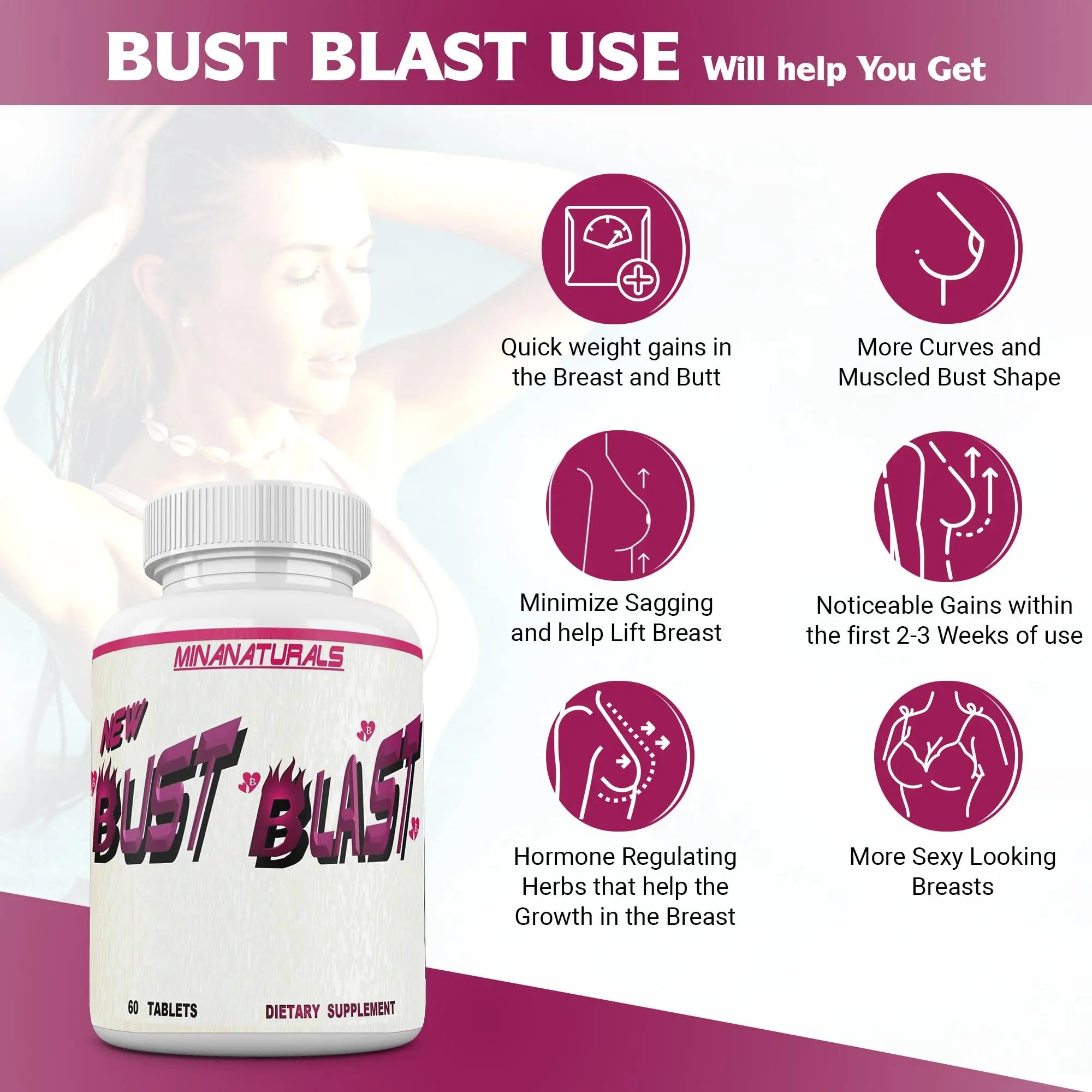MINANATURALS Bust Blast Loaded Increase Breast Size Fast. Female Breast Enhancement - Bigger Boobs and Butt Pills. 60 Tablets MINANATURALSnz supplements