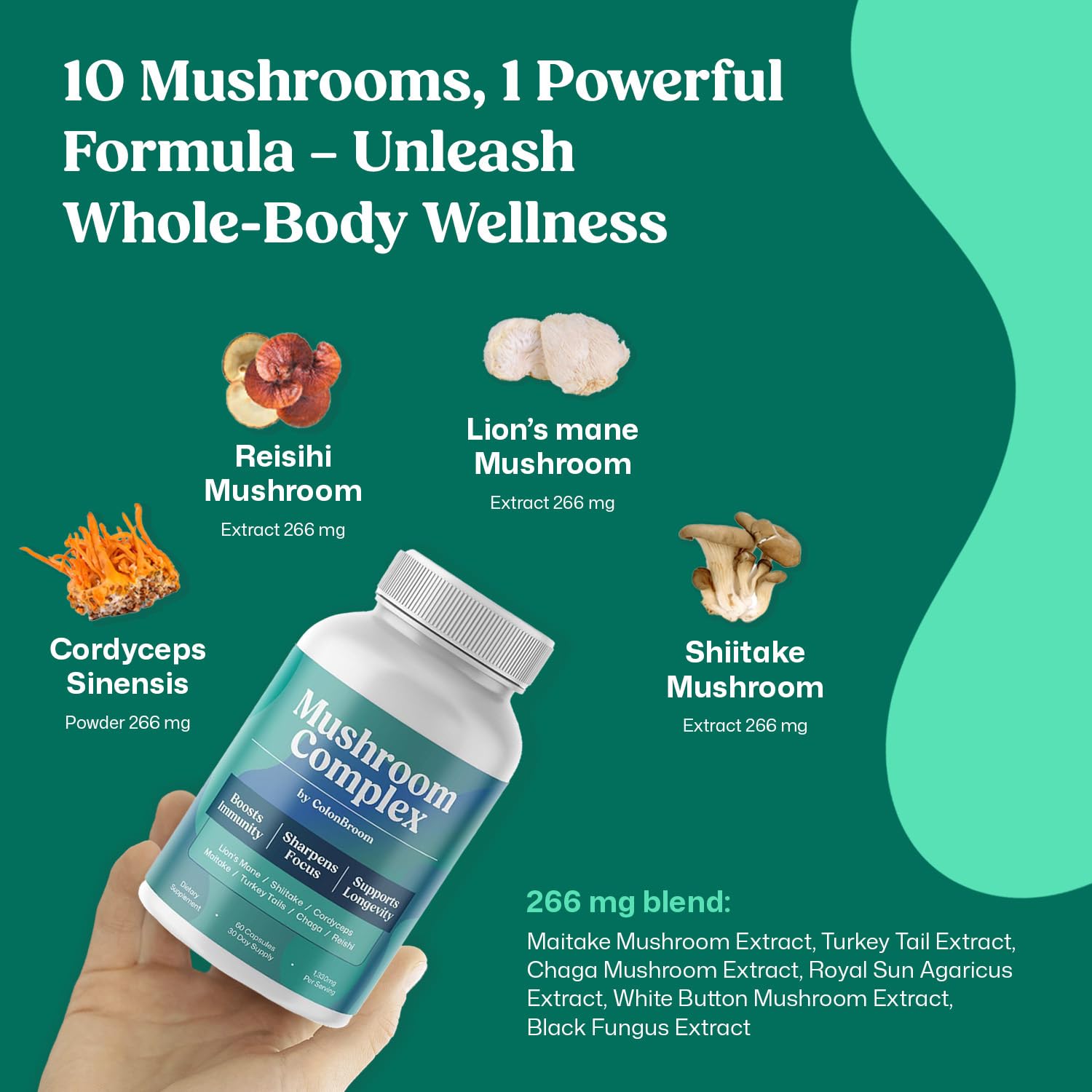 ColonBroom Mushroom Complex, Powerful Mushroom Blend with Cordyceps, Reishi, Shiitake, Lion’s Mane Extract for Energy, Immunity, Stress Relief & Cognitive Health - 60 Capsules, 30 Day Supply ColonBroomAu supplements