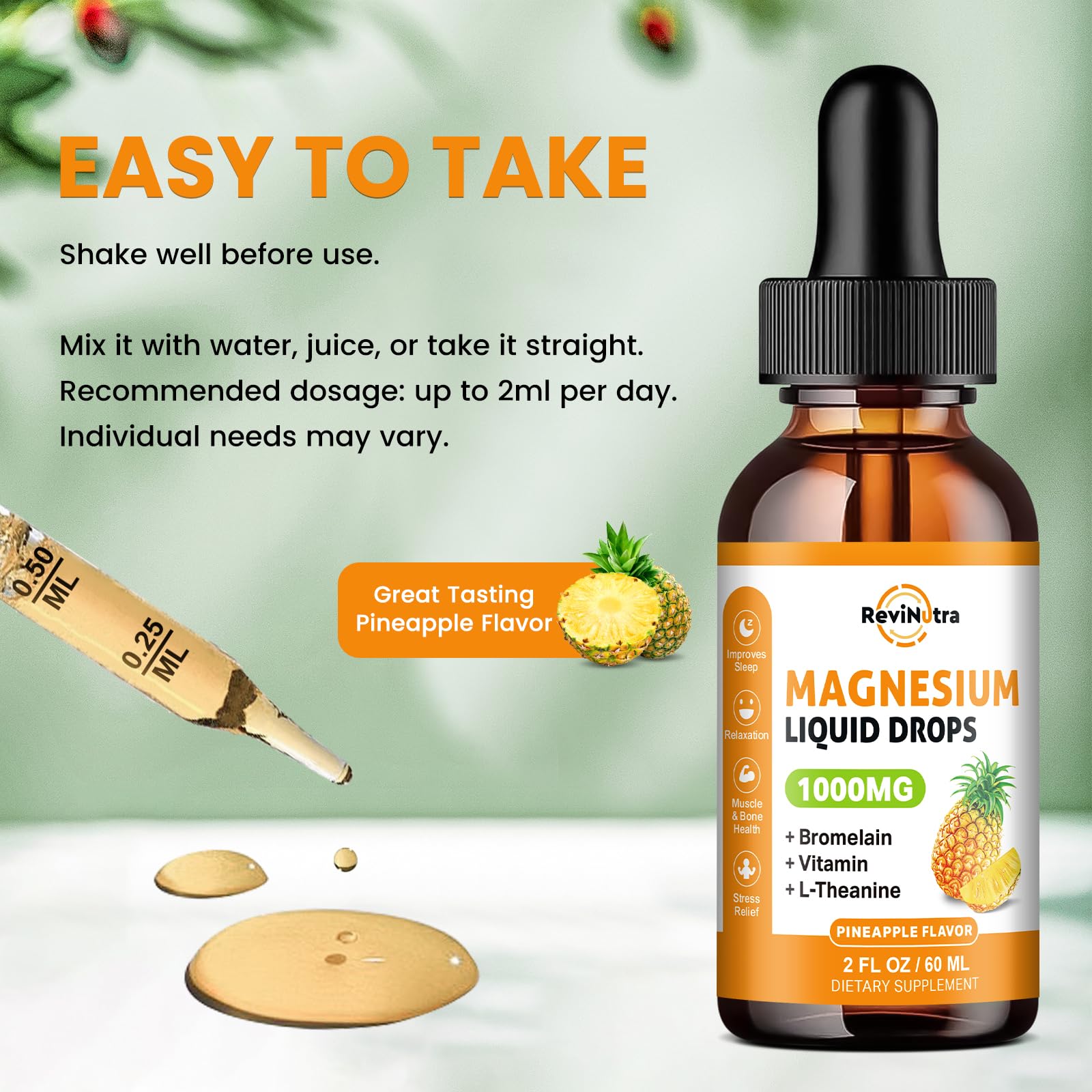 Magnesium Glycinate Liquid Drops, 1000mg of Liquid Magnesium Complex Supplement for Sleep, Nerve, Energy, Muscle, Bone, Calm & Digestion, High Absorption, 2 Fl Oz, Sugar-Free Pineapple Flavor ReviNutraAu supplements