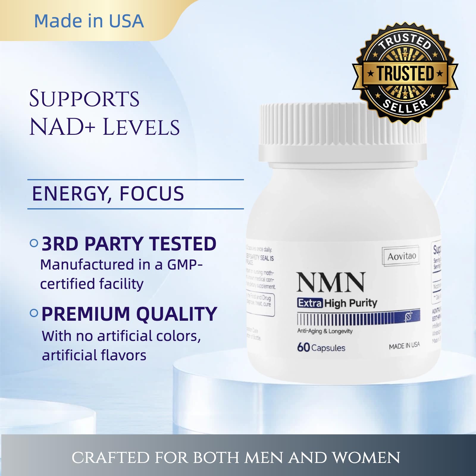 AOVITAO NMN Supplement 500mg Ultra Pure 99.8% | Stabilized Form | Supports NAD+ Production, Cellular Health & Healthy Aging | 60 Capsules AOVITAOAu supplements