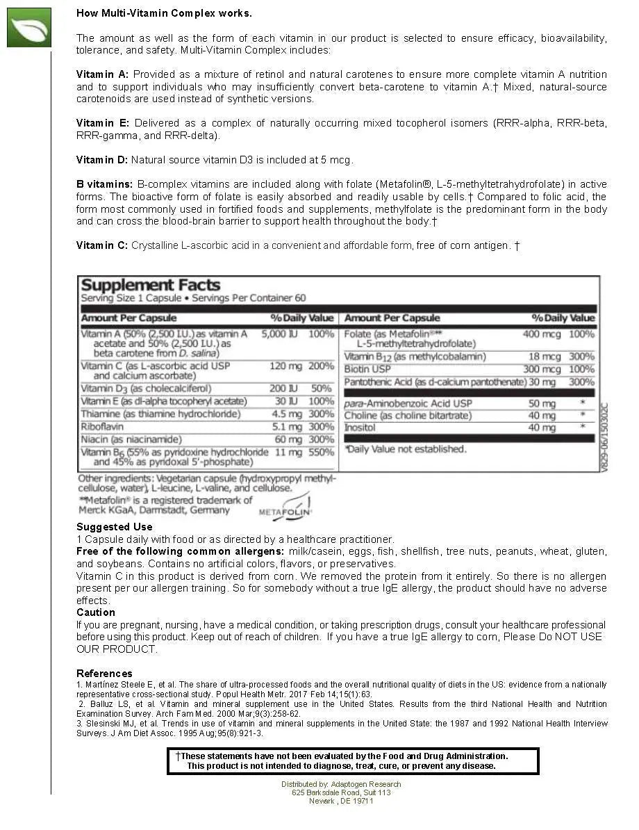 Multi-Vitamin Complex | Once Daily Multivitamin Supplement with Folate as Metafolin L-5-MTHF B12 as Methylcobalamin Vitamin A C D3 and more Adaptogen ResearchAu supplements
