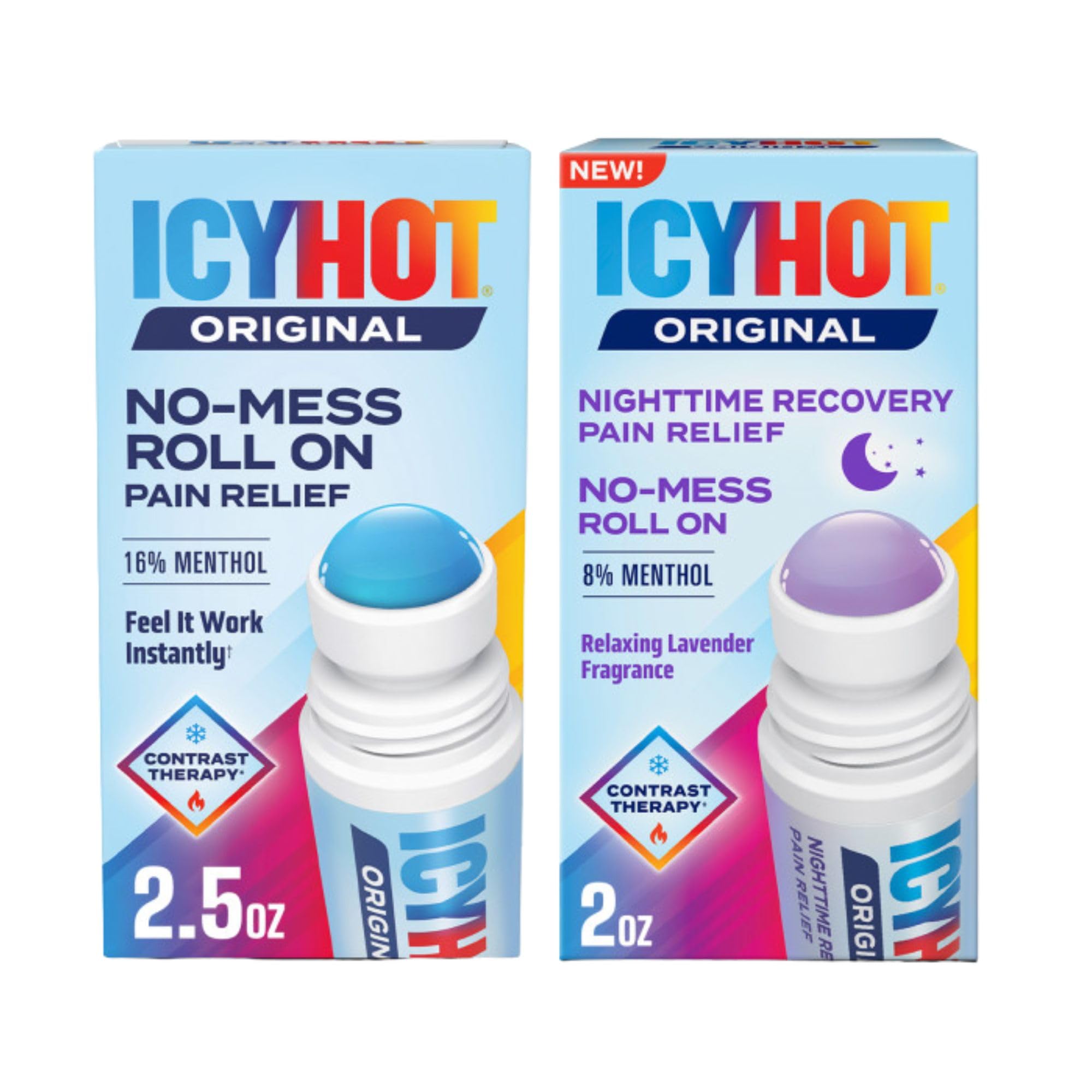 Icy Hot Original (2.5 oz.) & Nighttime Recovery (2 oz.) Pain Relief No-Mess Roll-On Applicator, Fast-Acting Pain Relief, Contrast Therapy for Backaches, Joints, Muscle Strains and Arthritis Icy HotAu supplements