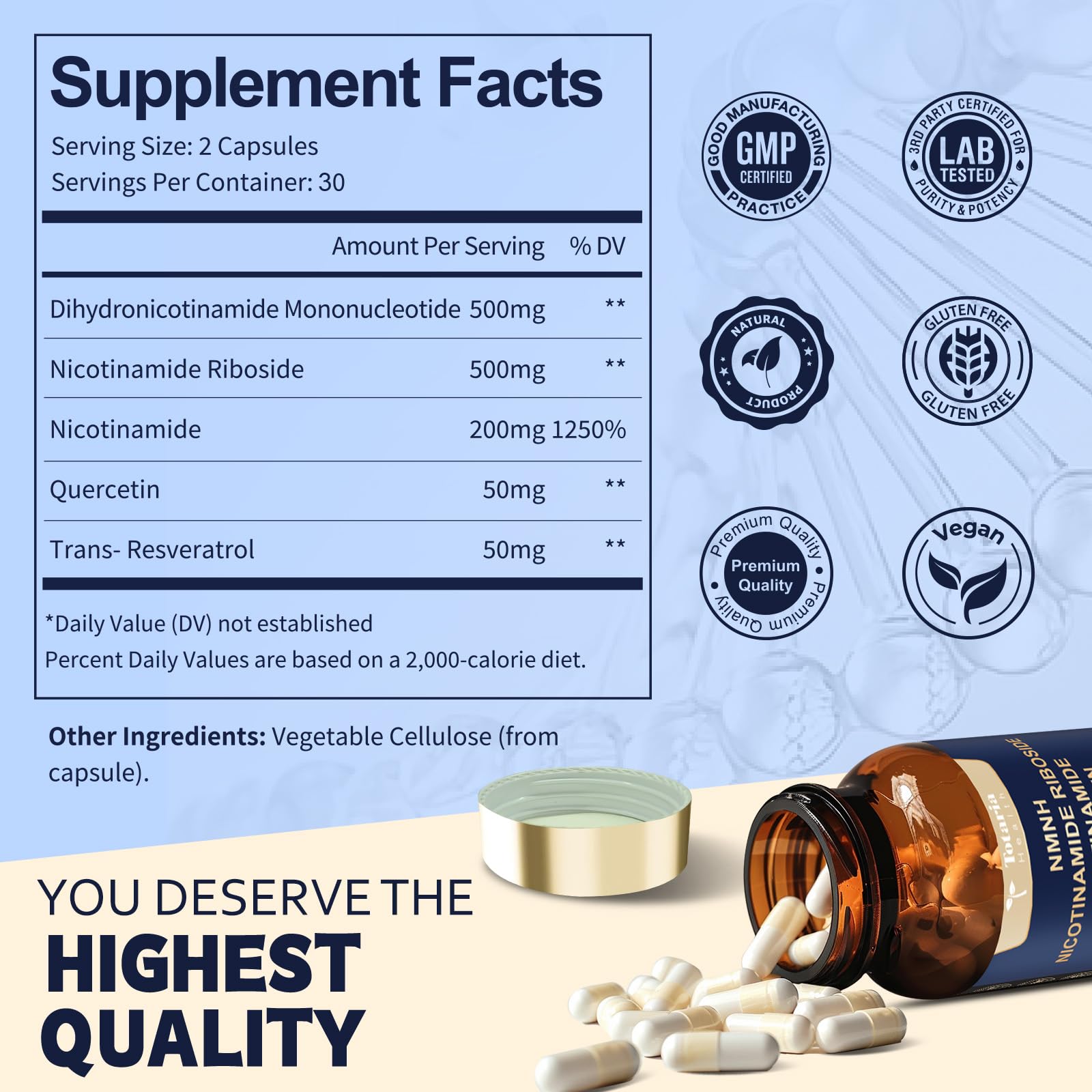 Totaria NMNH (NMN Alternative Supplement) (Dihydronicotinamide Mononucleotide) Ultra Strength, NAD+ Support w/Resveratrol & Quercetin, Ultra Absorption for Anti-Aging, Vegan, 60 Counts TotariaAu supplements