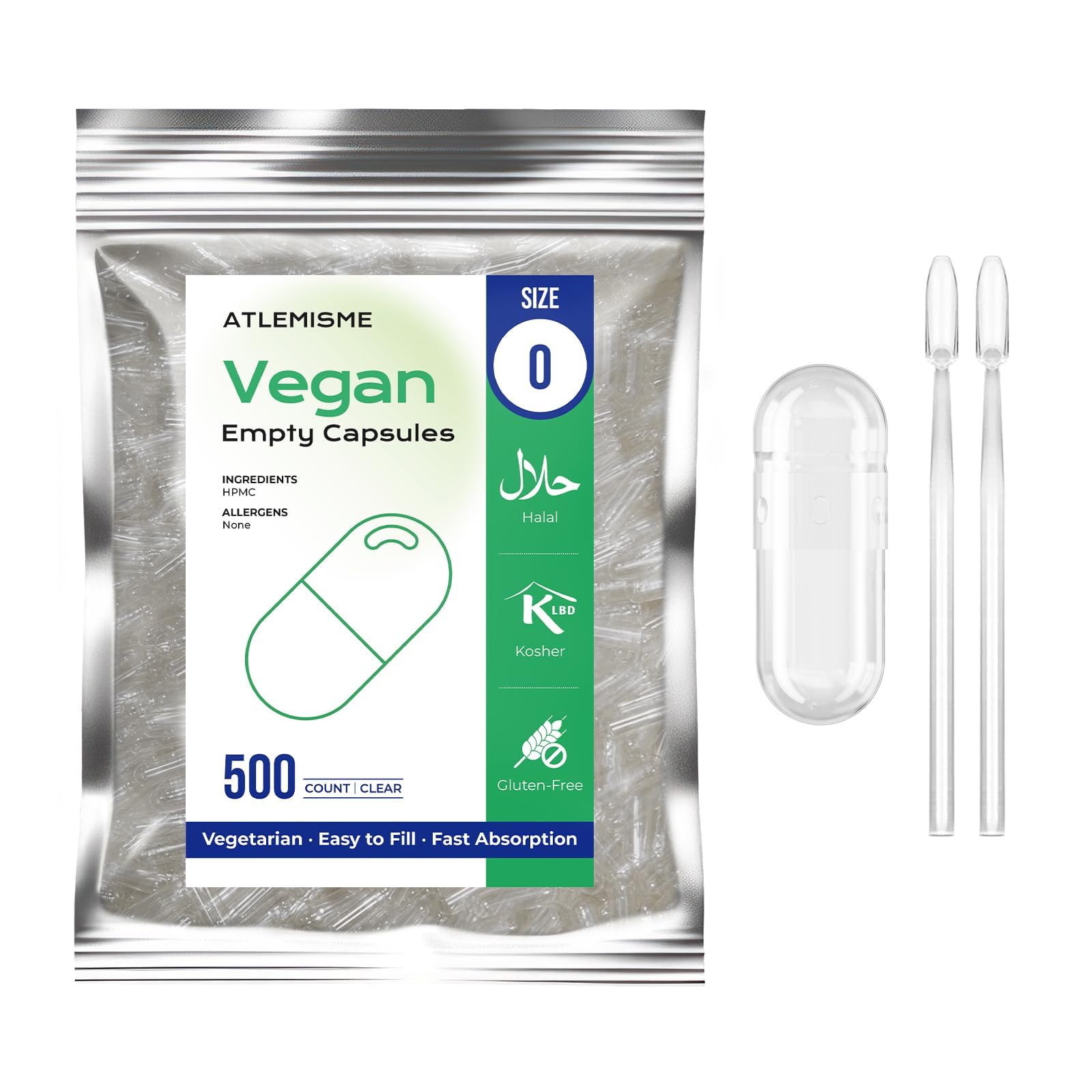 ATLEMISME Empty Vegan Capsules Size 0, 500-Count DIY Vegetable Capsules for Filling | Includes 2 Micro Lab Spoons ATLEMISMEAu supplements