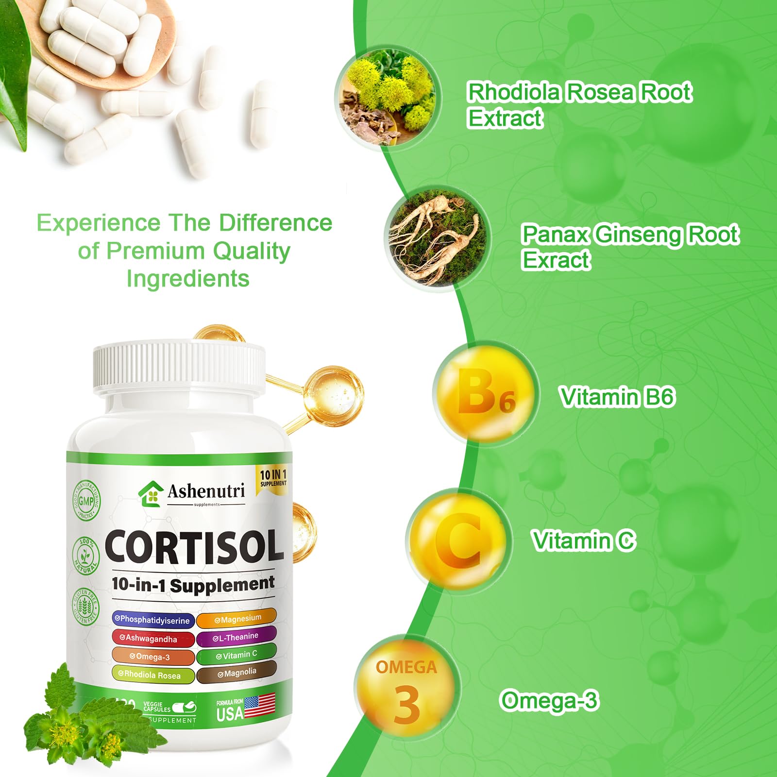 Ashenutri 10-in-1 Cortisol Supplement with Magnesium,Ashwagandha,Rhodiola Rosea,L Theanine,Hormone Balance for Women 120 Vegan Capsules AshenutriAu supplements