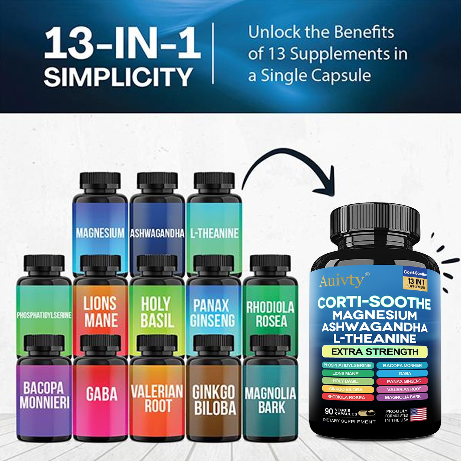 Auivty Cortisol Manager & Adrenal Support - Cortisol Reducer for Stress Relief, Calm & Sleep - 13-in-1 Adaptogen with Ashwagandha & Magnesium - 180 Capsules (2-Pack) AuivtyAu supplements