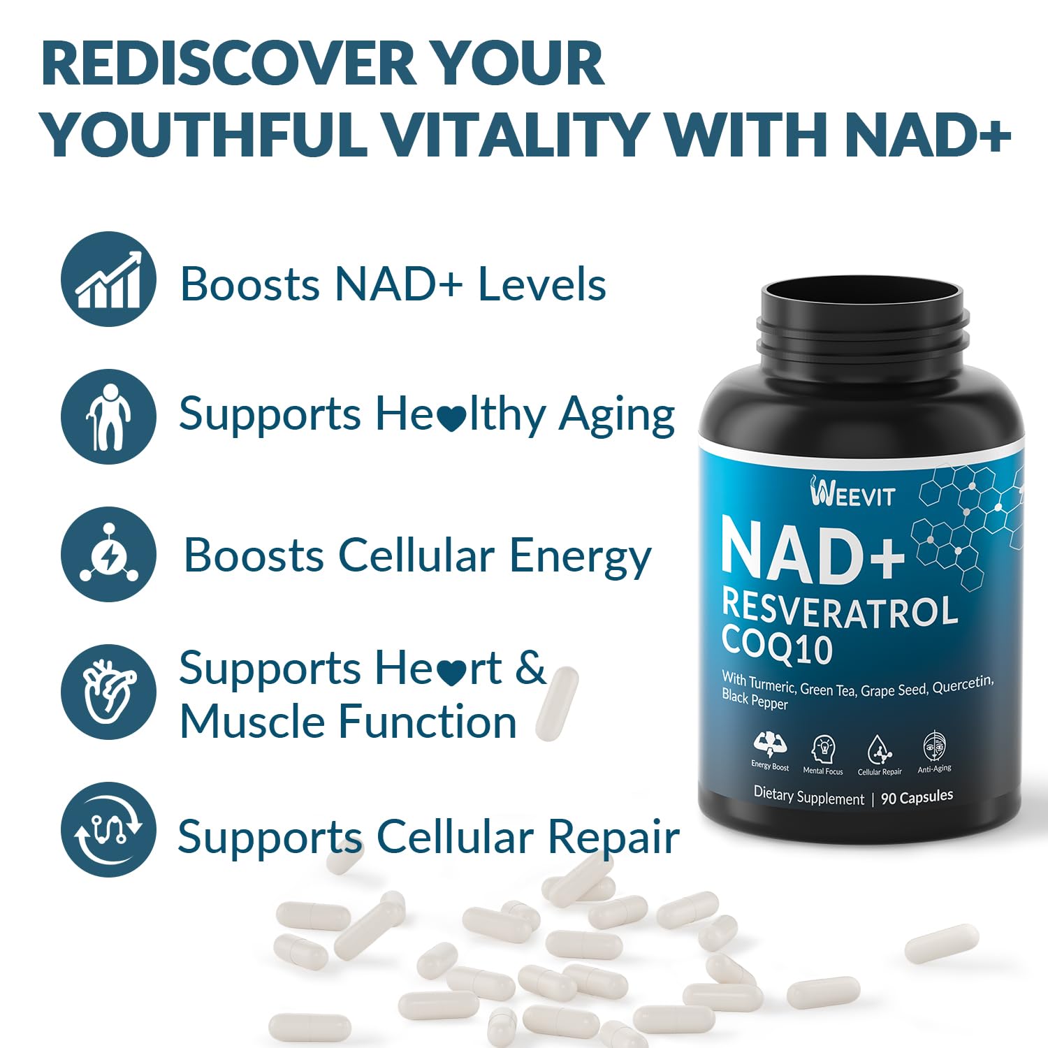 WEEVIT NAD+ Resveratrol Supplement with COQ10, Quercetin, Turmeric, NAD+ Supplement for Men and Women - Energy, Focus & Anti-Aging Support - Gluten Free, Non-GMO WEEVITAu supplements