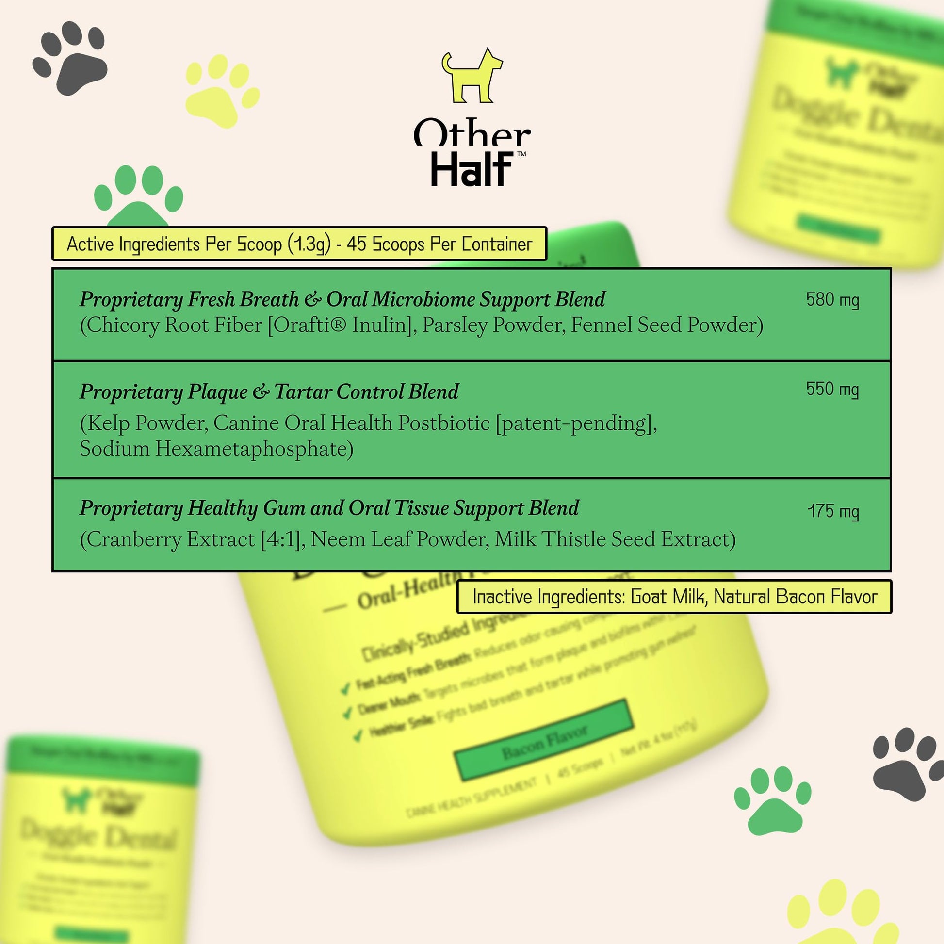 OTHER HALF Doggie Dental Supplement Powder - Dog Breath Freshener & Teeth Cleaning Made Easy - Oral Health Postbiotic for Dogs - Targets Tartar, Plaque & Bad Breath | 45 Scoops, Bacon Flavor OTHER HALFAu supplements
