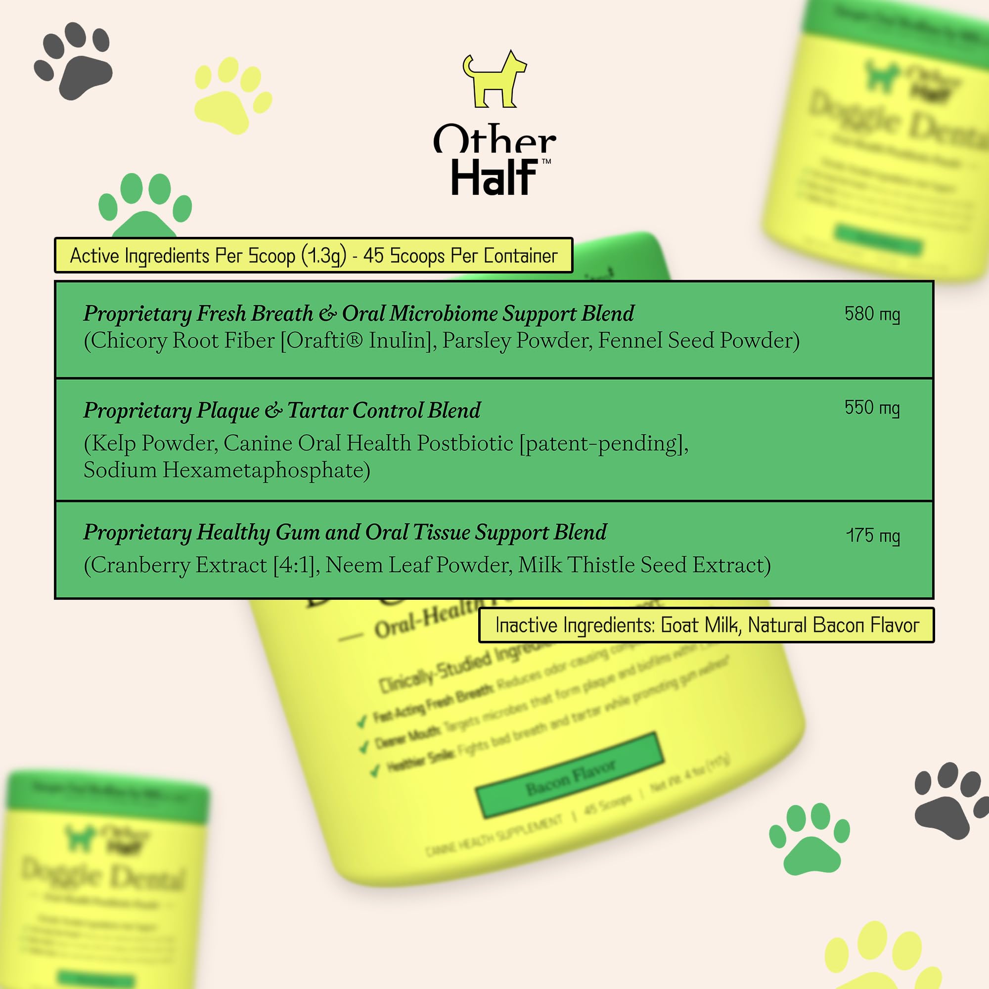 OTHER HALF Doggie Dental Supplement Powder - Dog Breath Freshener & Teeth Cleaning Made Easy - Oral Health Postbiotic for Dogs - Targets Tartar, Plaque & Bad Breath | 45 Scoops, Bacon Flavor OTHER HALFAu supplements