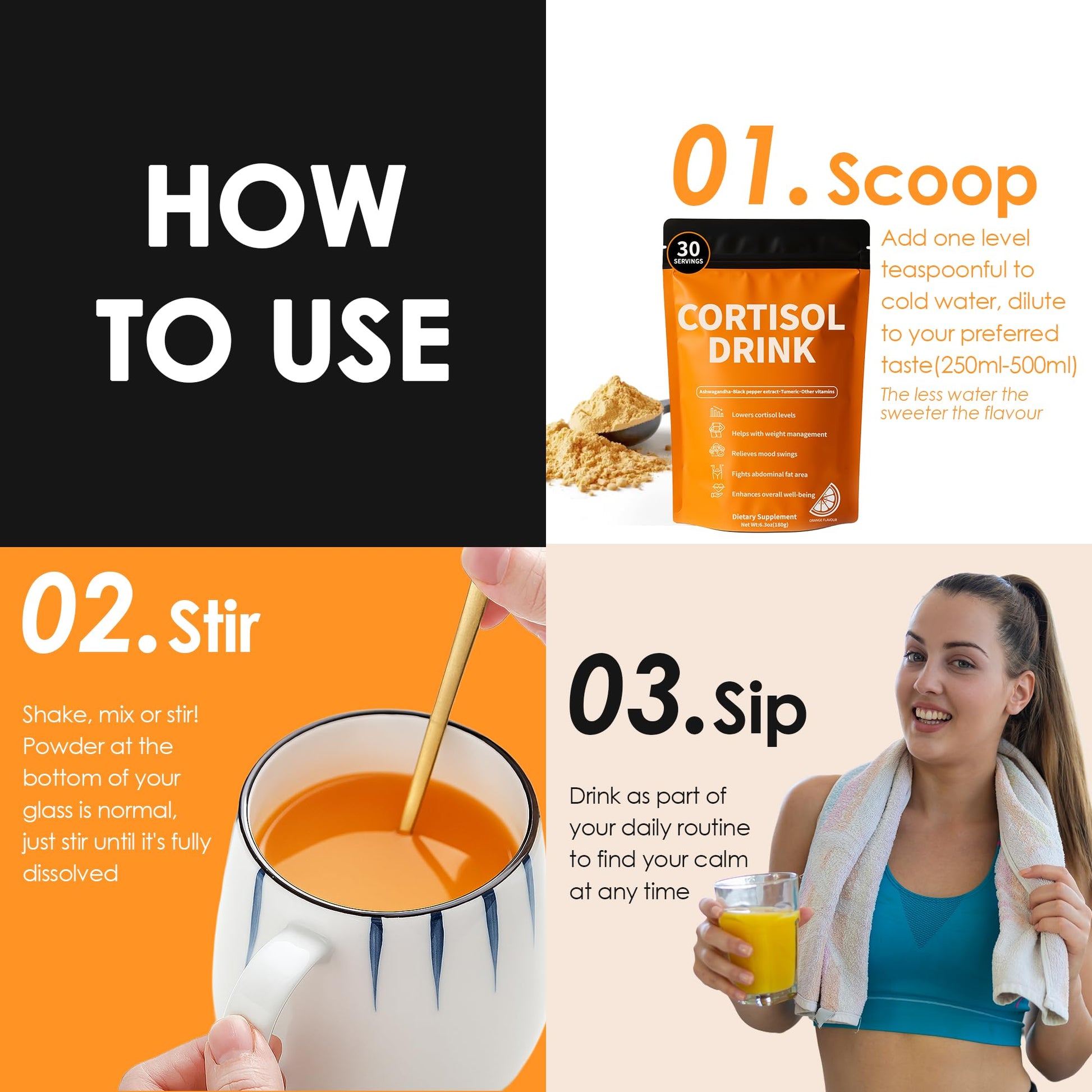 Cortisol Drink Powder - Natural Cortisol Supplements for Ashwagandha, L-Theanine, Turmeric Root, Black Pepper Extract, Relaxation, Focus, Mental Clarity oviaapoAu supplements