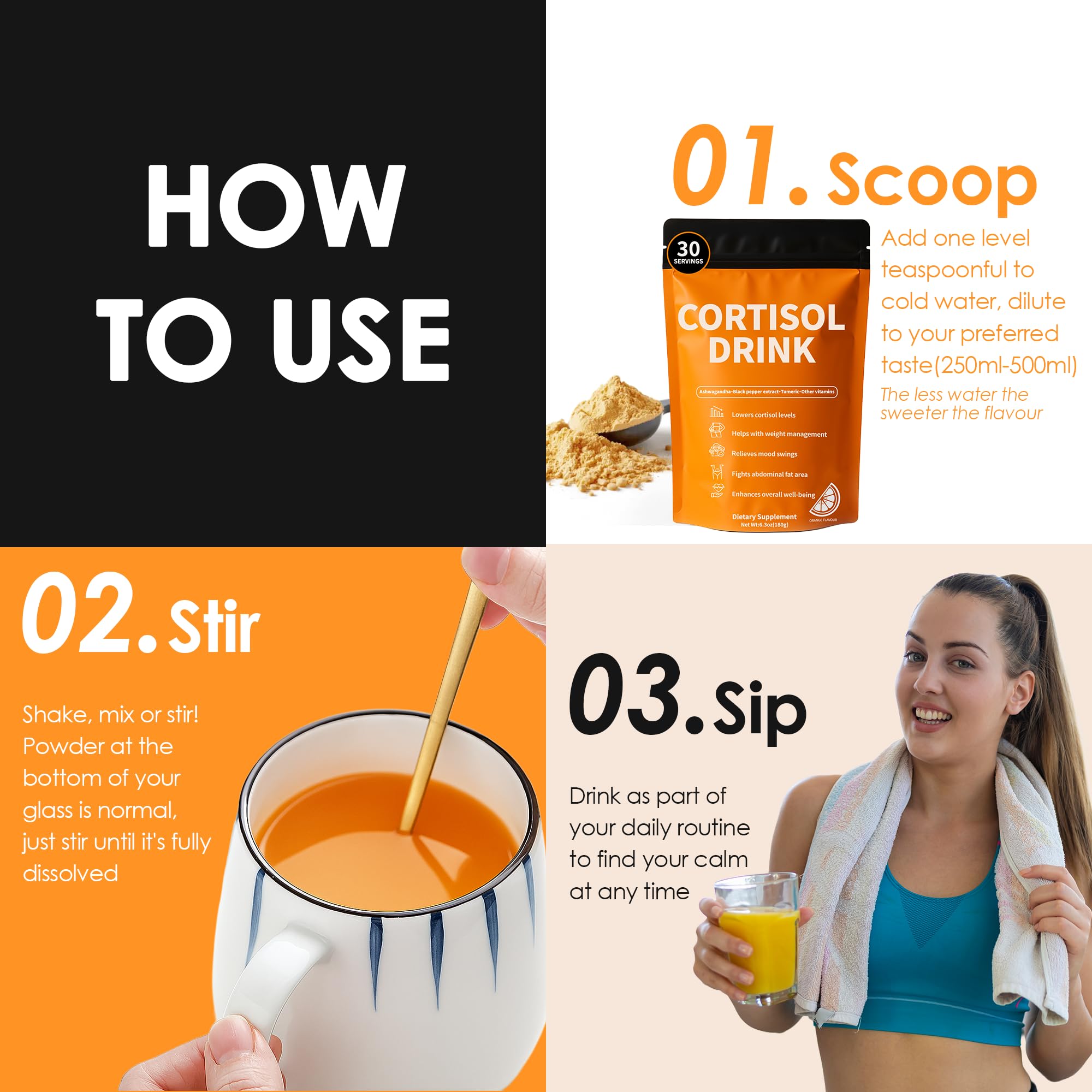 Cortisol Drink Powder - Natural Cortisol Supplements for Ashwagandha, L-Theanine, Turmeric Root, Black Pepper Extract, Relaxation, Focus, Mental Clarity oviaapoAu supplements