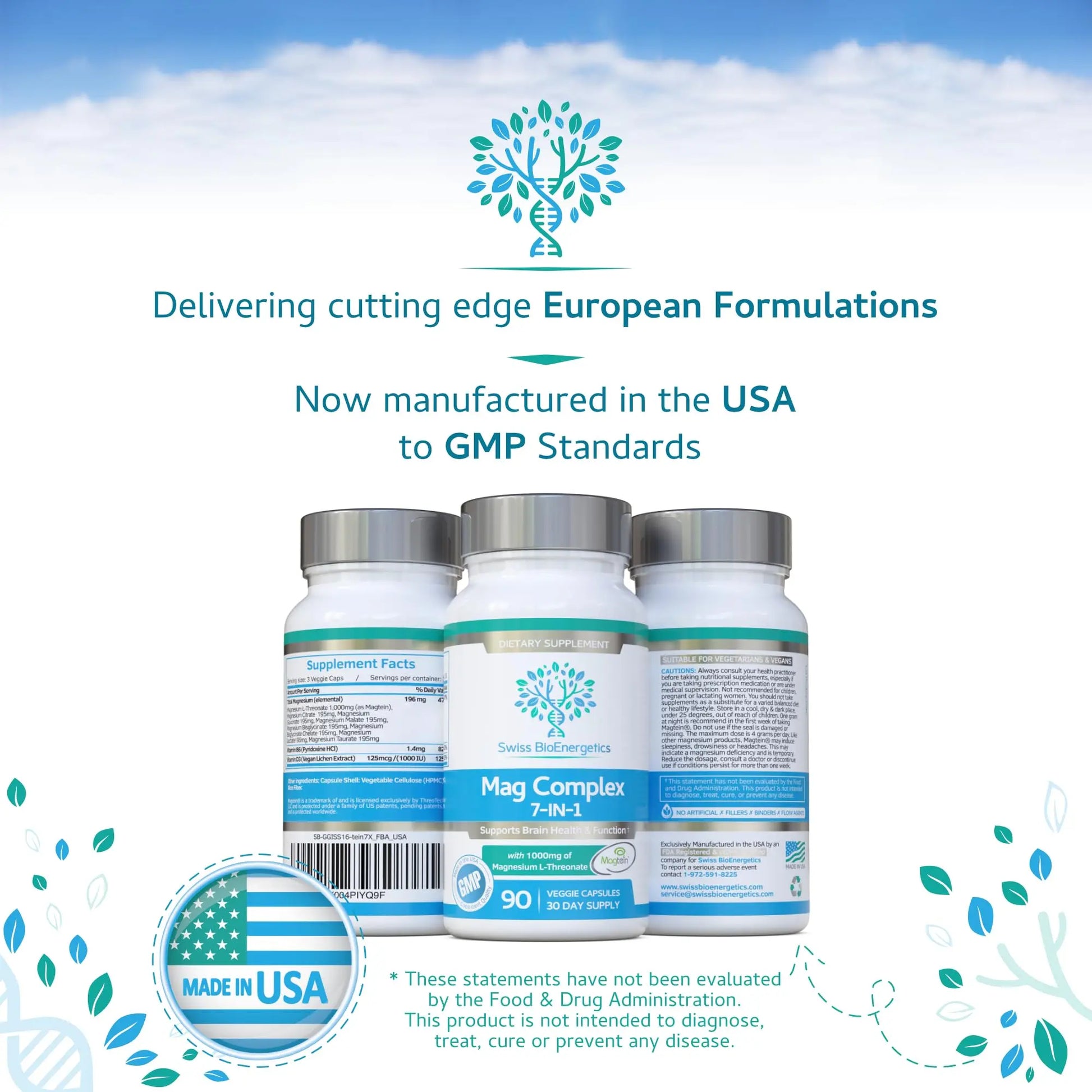 Magnesium L-Threonate Complex 7-in-1 with 1000mg of Magtein Plus Magnesium as Bisglycinate, Taurate, Citrate, Gluconate, Malate & Lactate - Supports Sleep - Vegan, US Made and No Artificial Nasties swiss bioenergeticsnz supplements