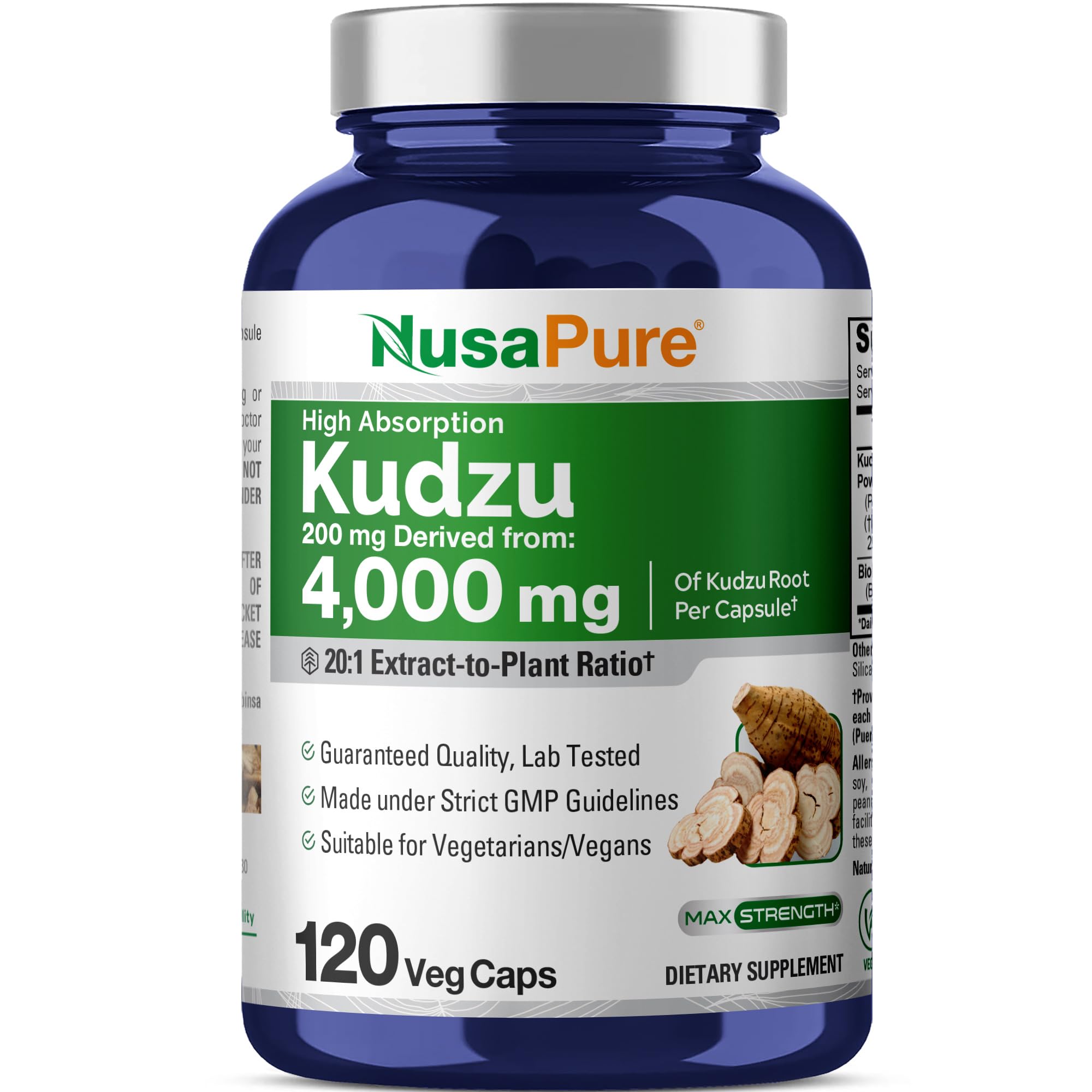 NusaPure Kudzu Root 20:1 Extract, 200 mg Equivalent to 4,000mg - 120 Veggie Capsules (Non-GMO, Vegan, Bioperine) NusaPureAu supplements