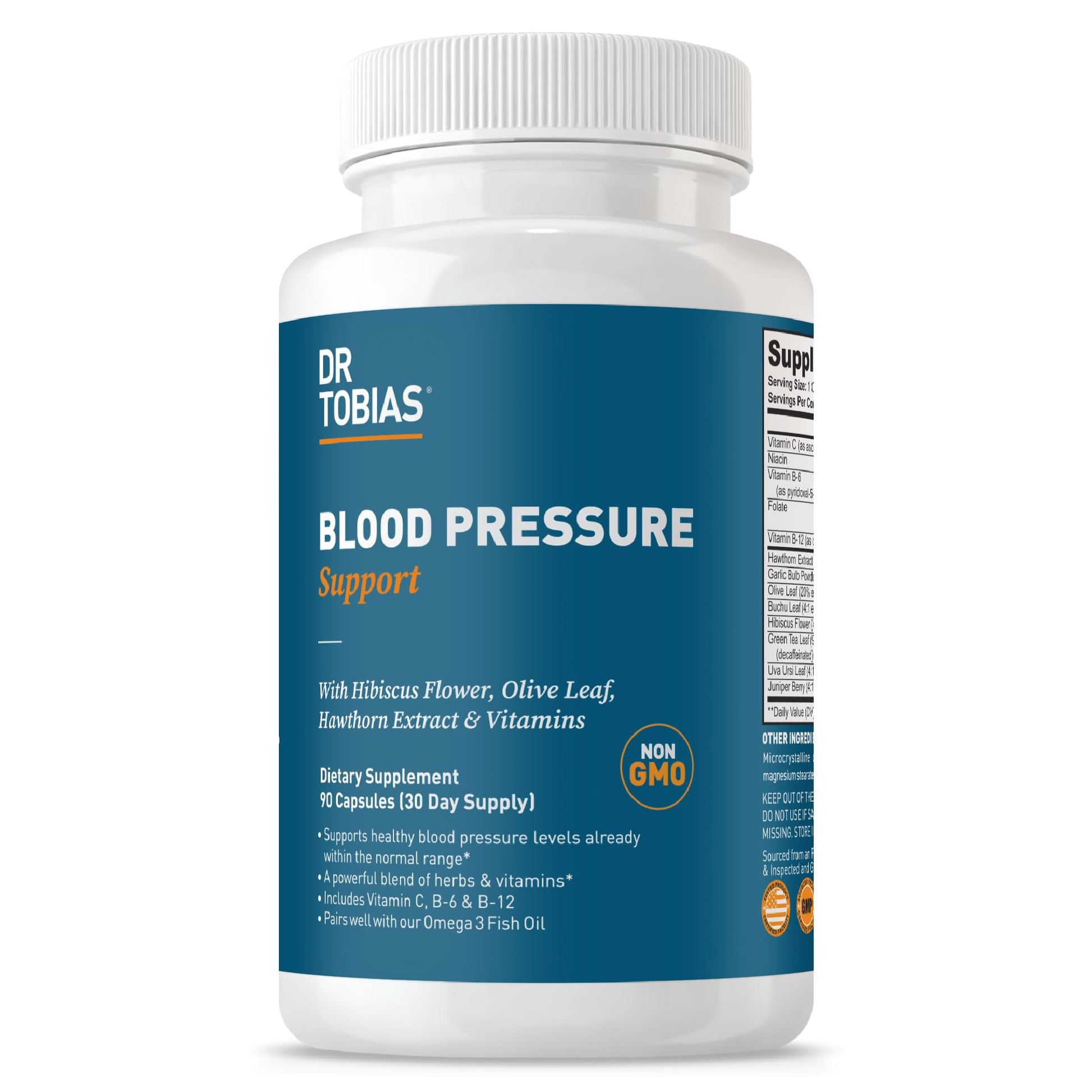 Dr. Tobias Blood Pressure Support Supplement with Hawthorn, Hibiscus Flower, Olive Leaf & Garlic, Supports Normal Circulatory Health with Vitamins C, B6, B12, Niacin, Folate & Herbs, 90 Capsules Dr. TobiasAu supplements