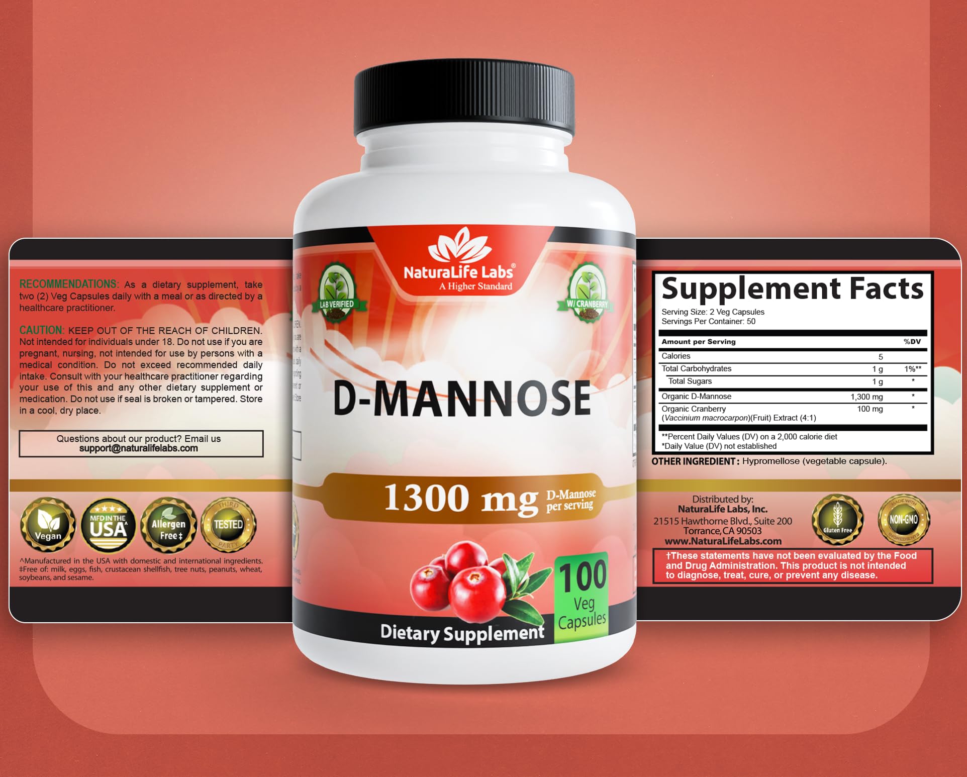 NaturaLife Labs Organic D-Mannose 1300 mg with Organic Cranberry Extract 100 mg per Serving – 100 Capsules – Non-GMO, Gluten-Free, Vegan NaturaLife LabsAu supplements