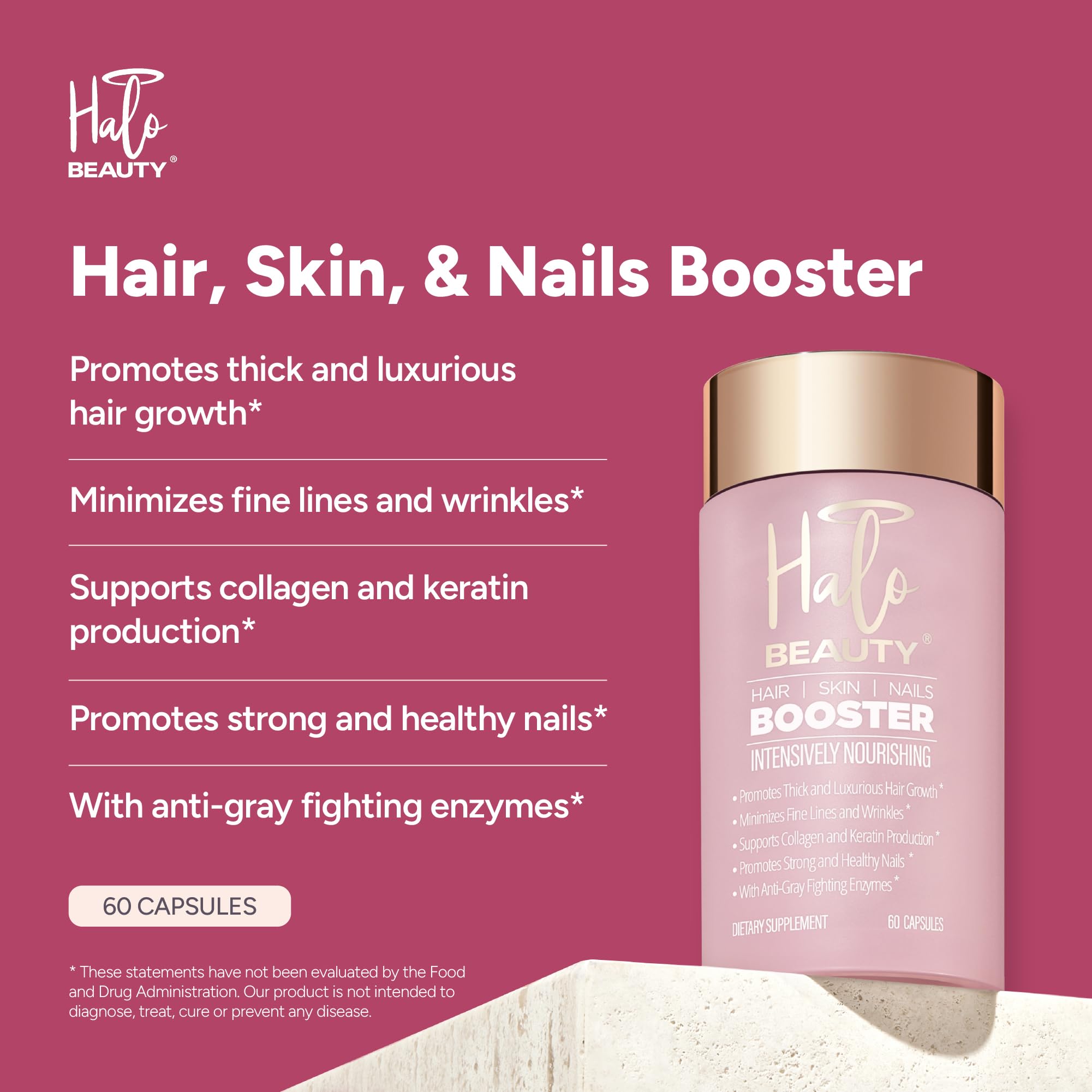 Halo Beauty Hair Skin & Nails Supplement | Thicker Hair Growth, Radiant Skin & Strong Nails Support with Biotin, Saw Palmetto & Phytoceramides | Vegan Capsules | Made in USA | 1-Month Supply Halo BeautyAu supplements