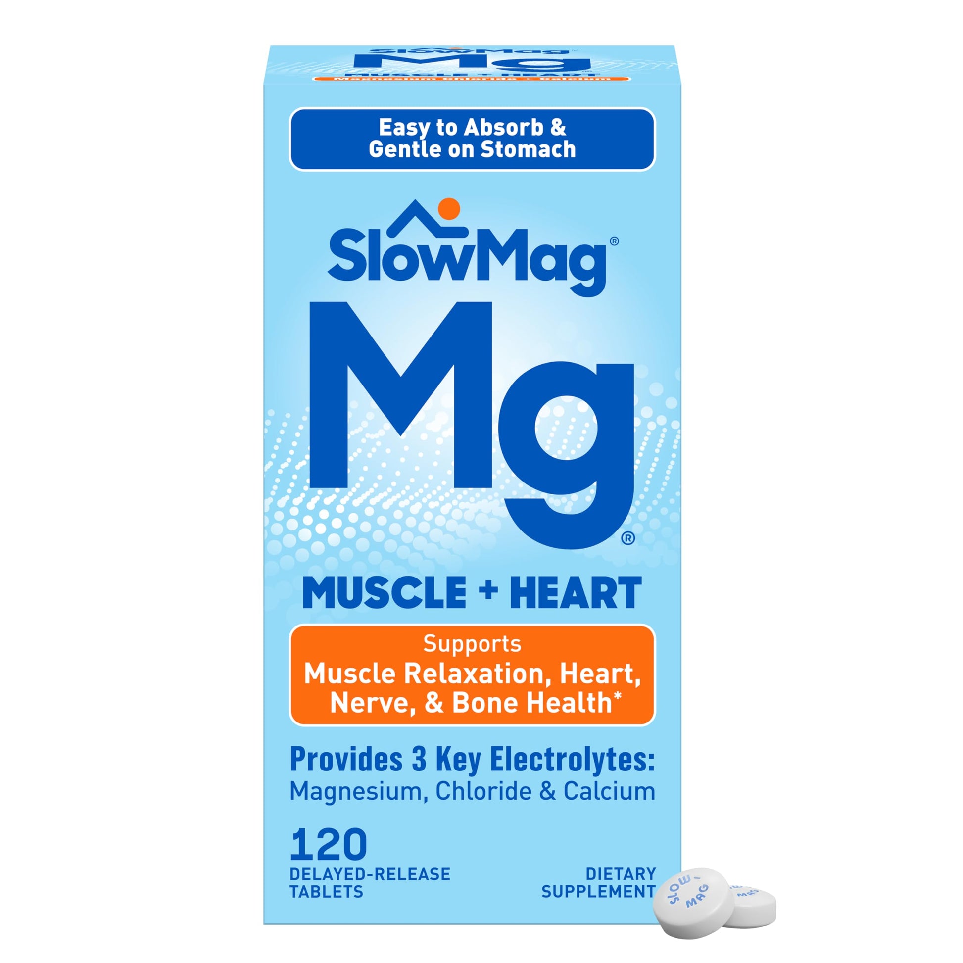 SlowMag Muscle & Heart Magnesium Chloride Supplement with Calcium, 120 Count, Supports Muscle Relaxation, Heart, Nerve & Bone Health, High Absorption Slow-MagAu supplements