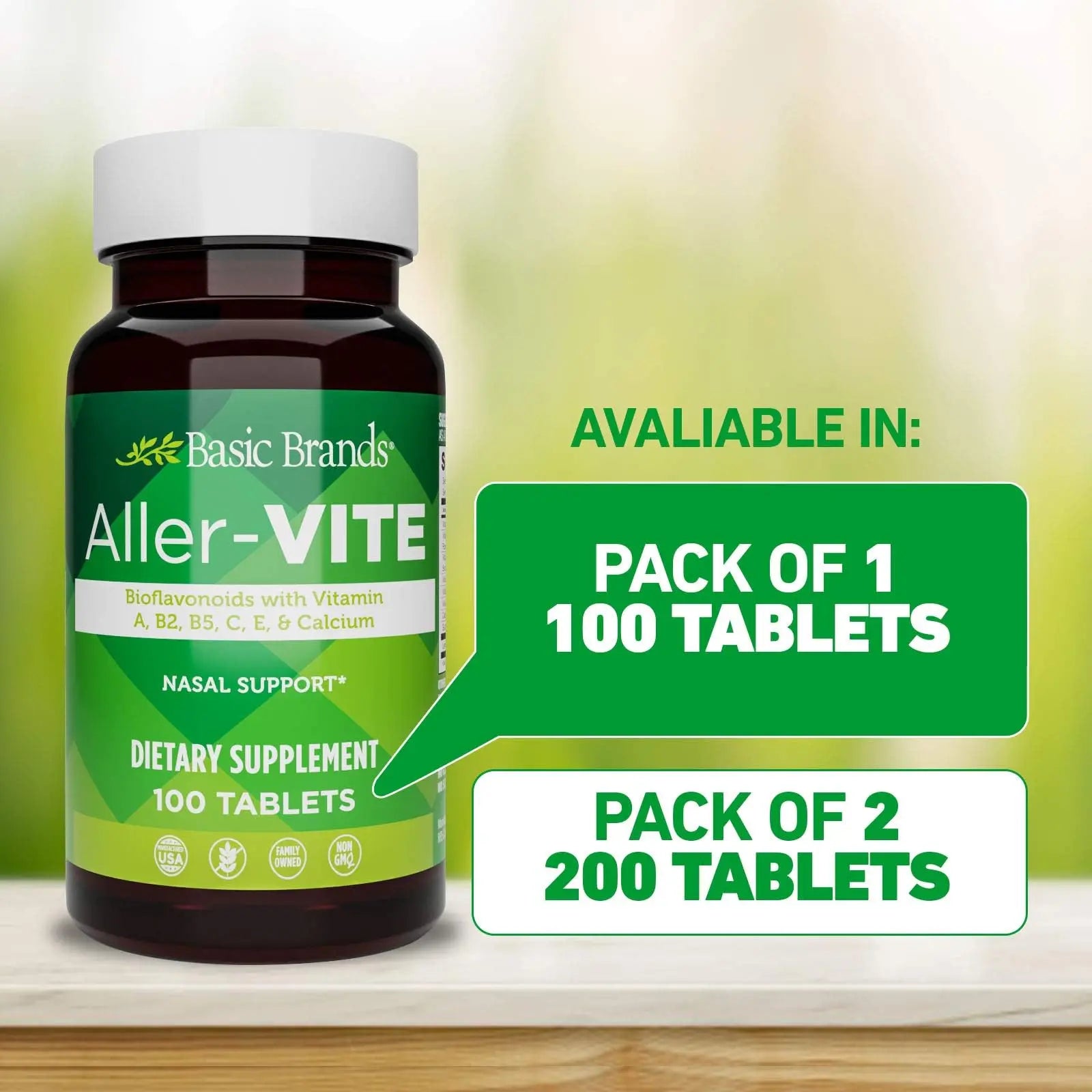 Basic Brands Aller Vite Nasal Support Tablets for Seasonal Allergy Relief, High Bioflavonoid Complex with Vitamins and Calcium, Gluten Free Daily Supplement, 100 Tablets Basic Brandsnz supplements