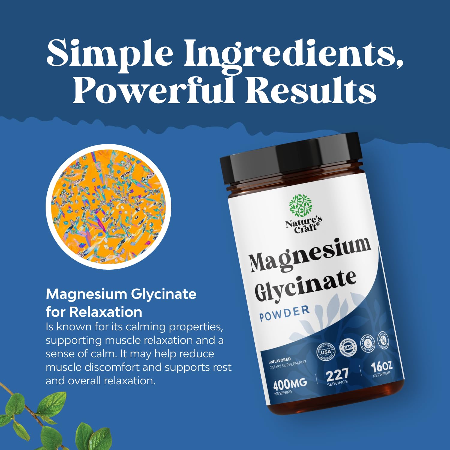 Potent Magnesium Glycinate Powder 400mg - Calm Magnesium Powder Bulk for Muscle Relax, Calm & Sleep Support for Adults - Glycinate Mag Soothe Vegan & Non-GMO Supplement - 1 Pack Natures CraftAu supplements