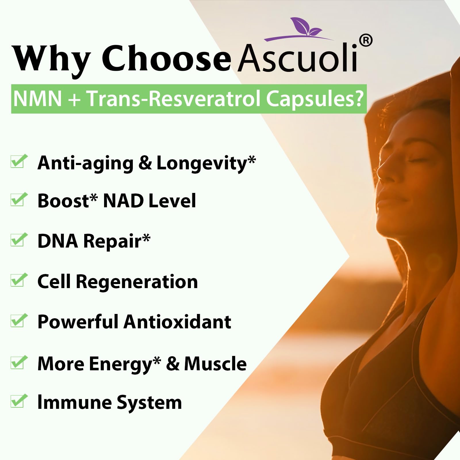 99% Ultra Purity NMN 500mg + Trans-Resveratrol 600mg, 1150mg NMN Resveratrol Supplement, 3-in-1 Advanced Formula for Boost* NAD, Cell, Immune, Energy & Muscle, Healthy Aging, Stabilized Form - 60 Caps AscuoliAu supplements