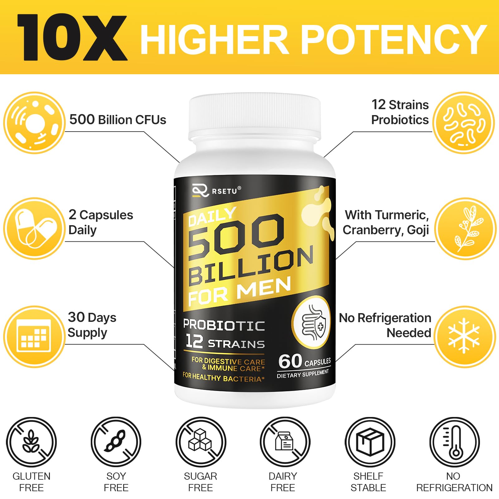 Probiotics for Men, 500 Billion CFUs & 12 Strains Mens Probiotic with Turmeric Cranberry, Goji, Gut Health for Men, for Digestive Health, Gut, Bloating & Gas, Immune, Energy Support, 120-Day Supply RSETUAu supplements
