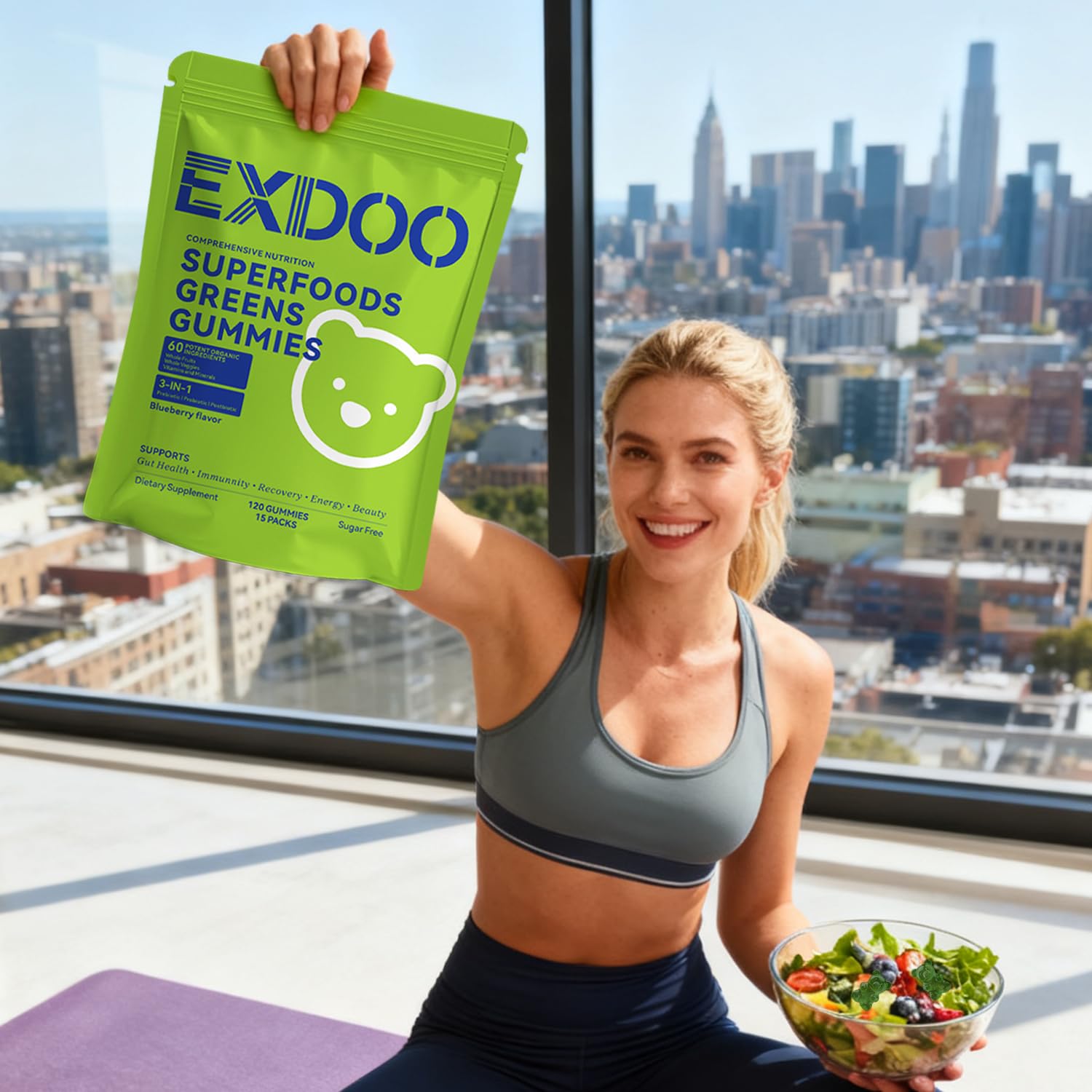 exdoo Super Greens Fiber Gummies Multivitamin Superfood Gummy with Spirulina Chlorella Prebiotic Probiotic Postbiotic for Digestive Health Supplement 15 Packs 120 Gummies exdooAu supplements