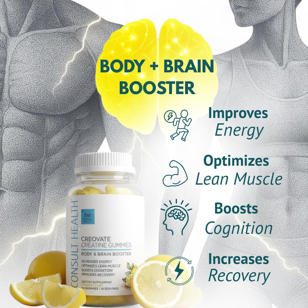 Consult Health CREOVATE CREATINE MONOHYDRATE Gummies 5g Dose for Men & Women to Support Muscle, Strength, Recovery, Cognitive Health & Memory, Zero Sugar, Gluten Free, Natural Lemon, 90 Count Consult HealthAu supplements