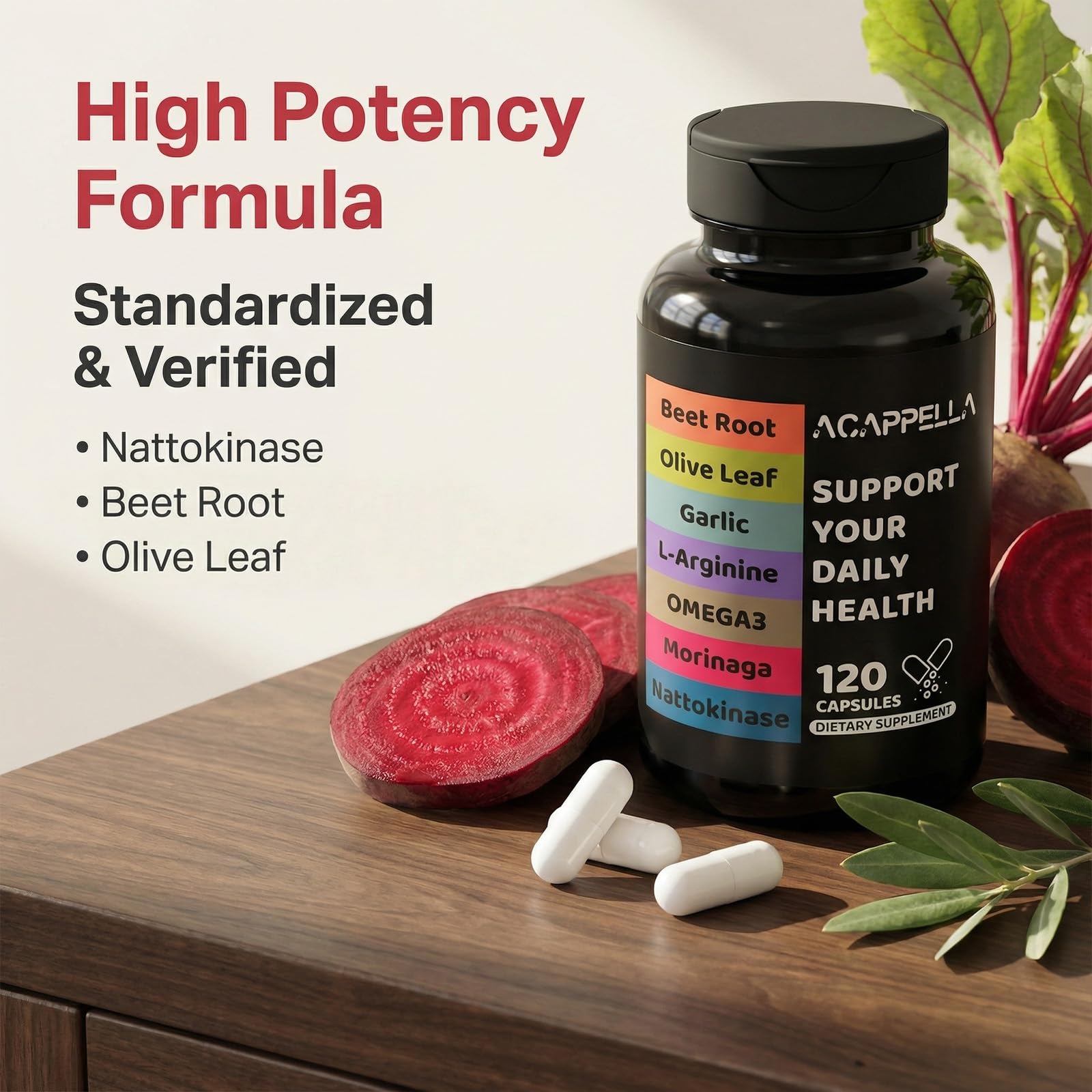 ACAPPELLA Moringa Capsules with Beet Root Capsule Olive Leaf Garlic L-Arginine Omega 3 Nattokinase Supplement - 120 Count ACAPPELLAAu supplements