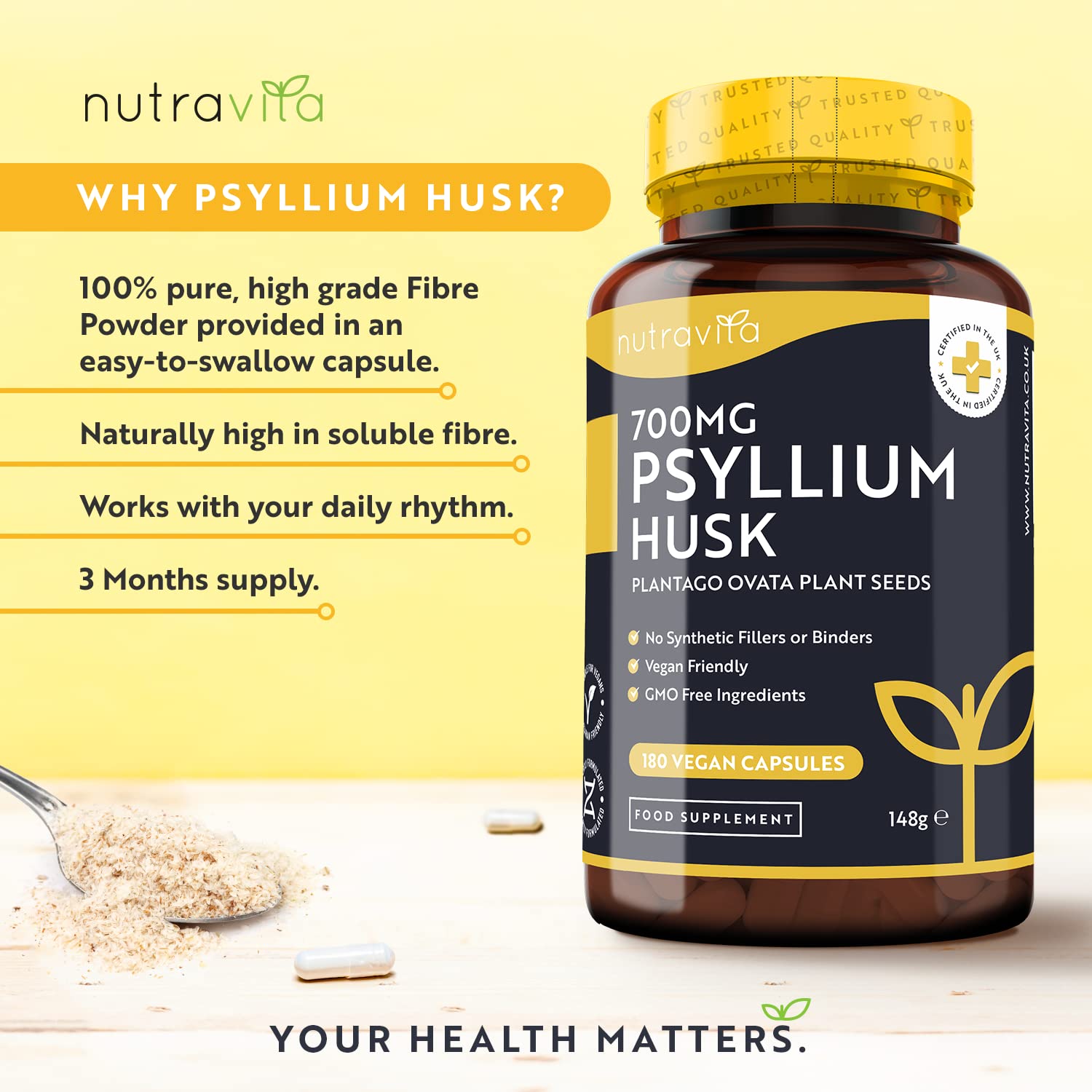 Psyllium Husks Fibre Supplement – 1400mg per Serving – Naturally High in Soluble Fibre NutravitaUS supplements