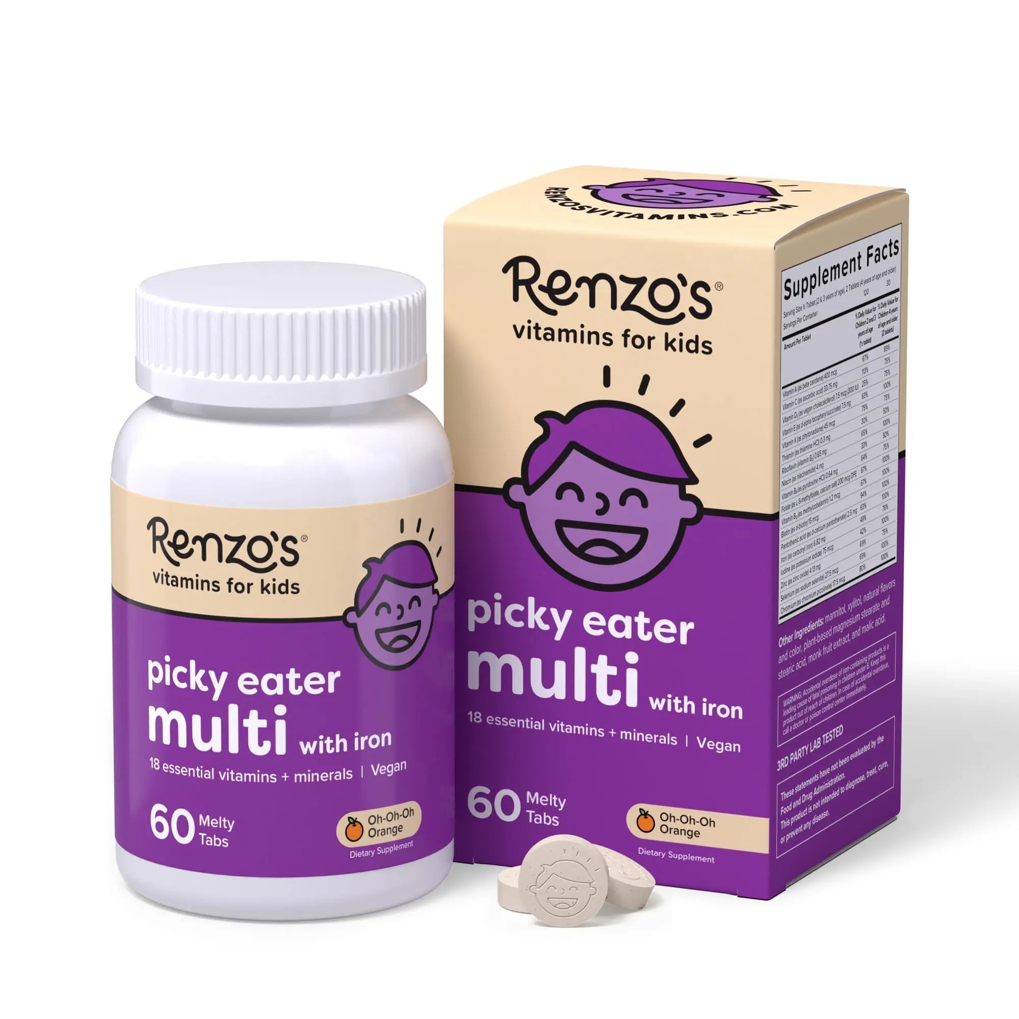 Renzo's Picky Eater Kids Multivitamin with Iron, Dissolving Kids Vitamins with Vitamin D3 and K2 and More, 60 Sugar-Free Melty Tabs Renzo'sAu supplements