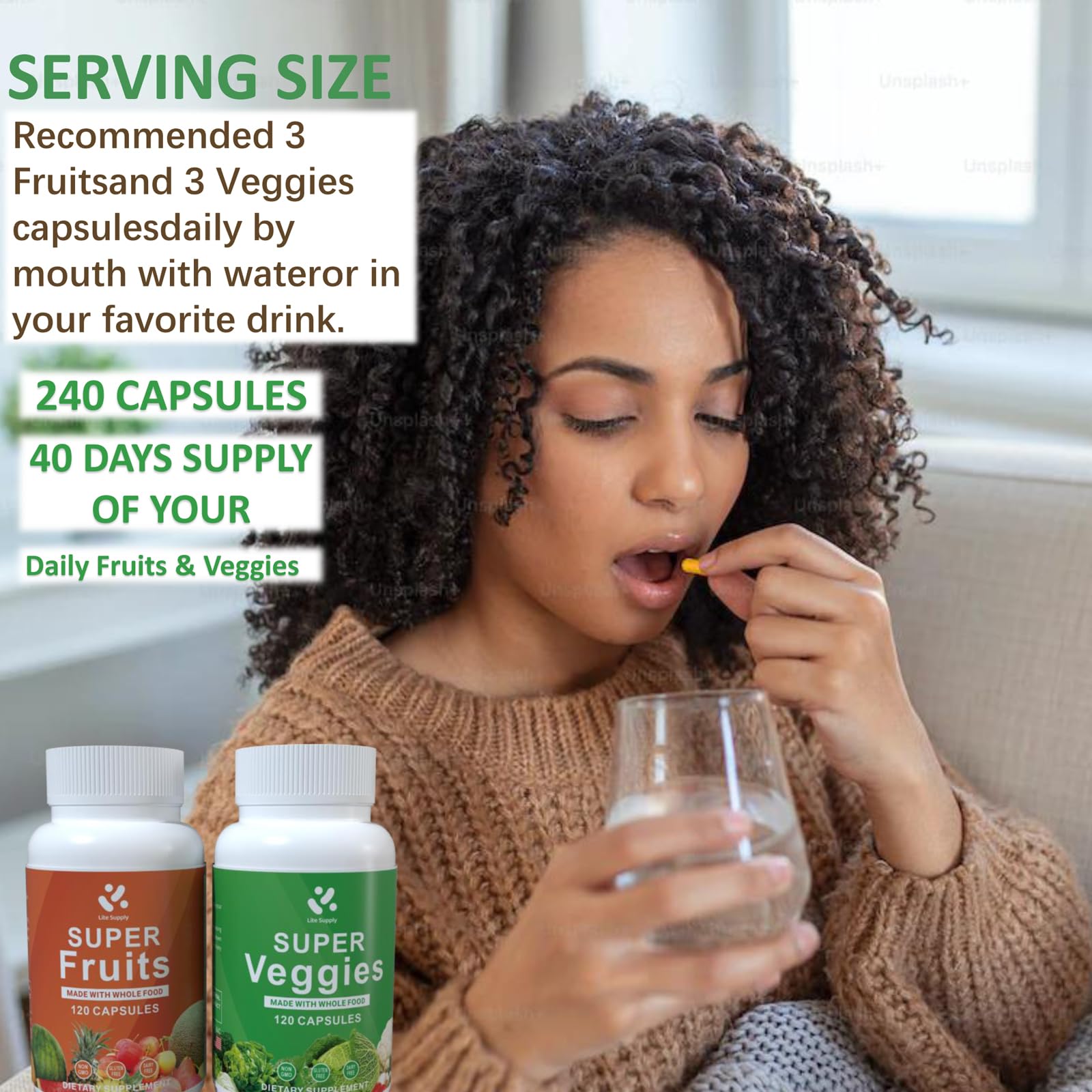 Lite Supply Fruits and Veggies Supplement 240 Caps - 120 Fruit and 120 Veggie Capsules - Whole Food & Natural Superfood Filled with Vitamins & Minerals for Women, Men Supports Energy Levels Lite SupplyAu supplements