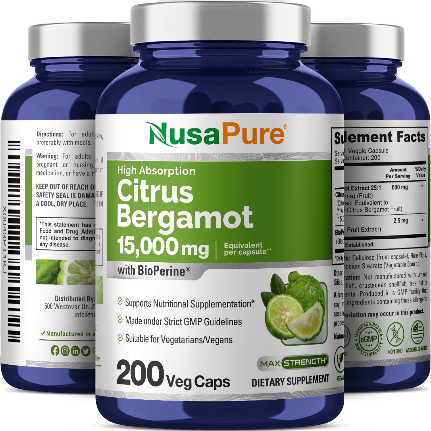 NusaPure Citrus Bergamot Capsules 15,000mg, 200 Capsules - 25:1 Bergamot Extract - 200 Servings, Bioperine, Vegan, Non-GMO NusaPureAu supplements