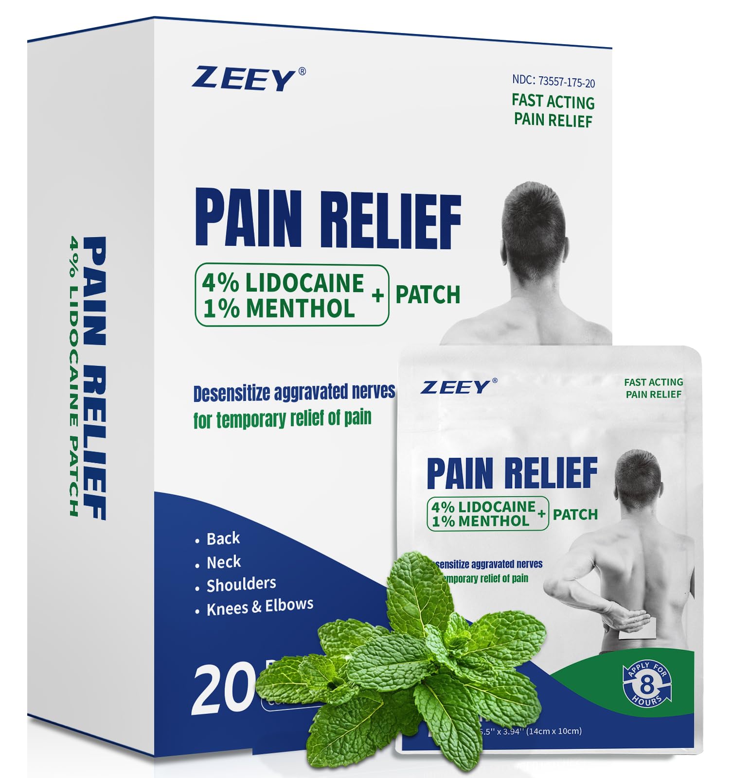ZEEY 4% Lidocaine Pain Relief Patches, with 1% Menthol Maximum Strength OTC, for Back, Knee, Neck, Shoulders, Joints, Muscle Soreness, Fast Acting, Long Lasting, Large Gel Patch, 5.5" x 3.94", 20Ct ZEEYAu supplements