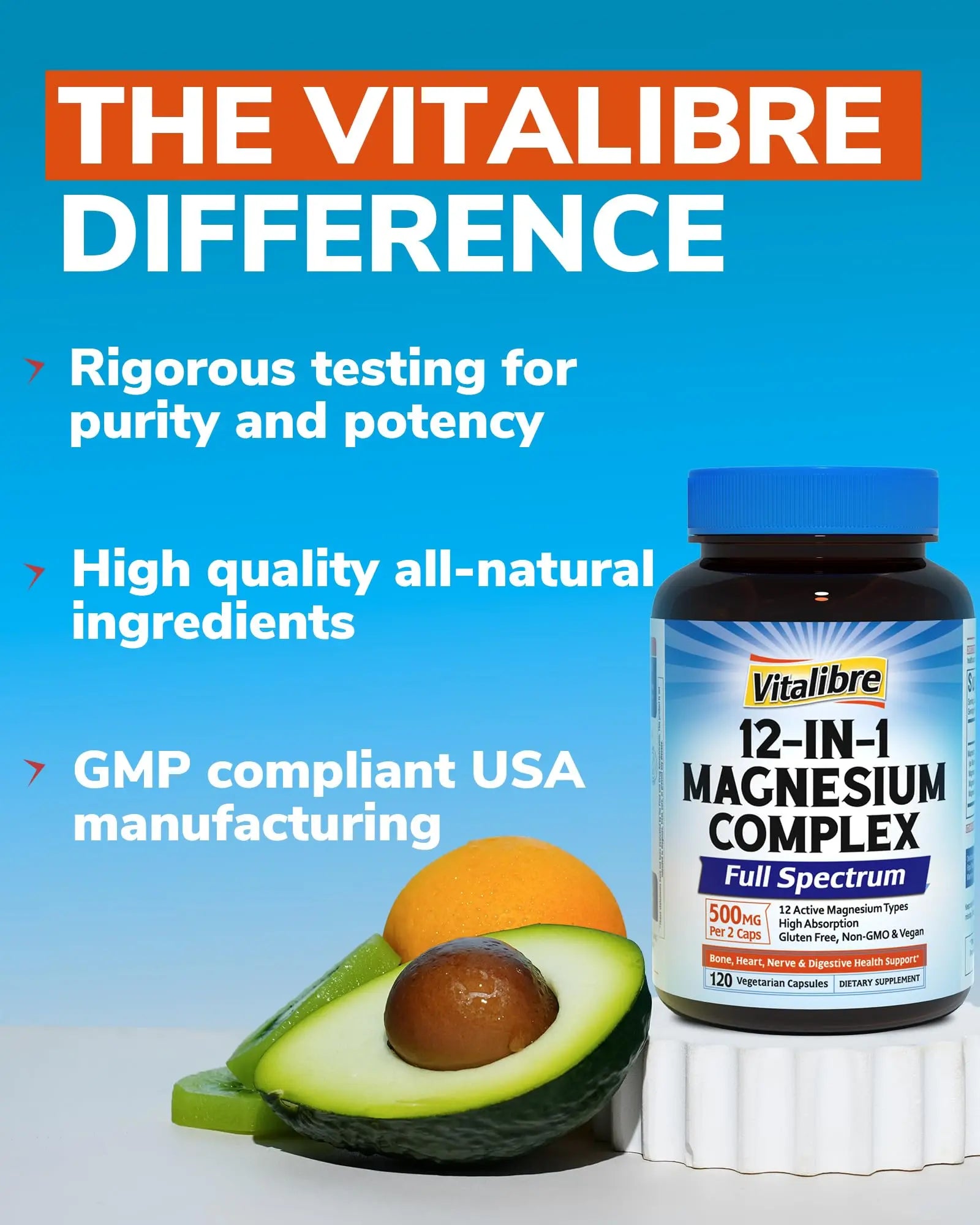 Vitalibre 12 in 1 Magnesium Complex Supplement 500mg | Max Absorption Chelated Magnesium Glycinate Citrate Malate & More for Bone, Nerve & Digestive Support | Non-GMO Vegan Capsules (120 Count) Vitalibrenz supplements