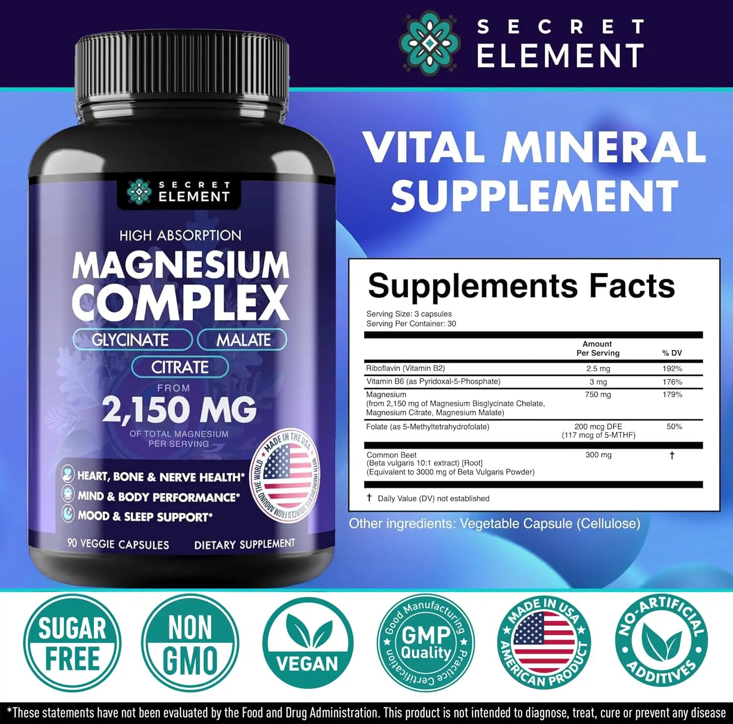Magnesium Complex 2,150MG, High Absorption Capsules with Magnesium Glycinate, Citrate & Malate, Plus Vitamin B6, B2, Folate & Beet Root, Vegan, Non-GMO, No Artificial Additives, 90 Capsules Secret Elementnz supplements