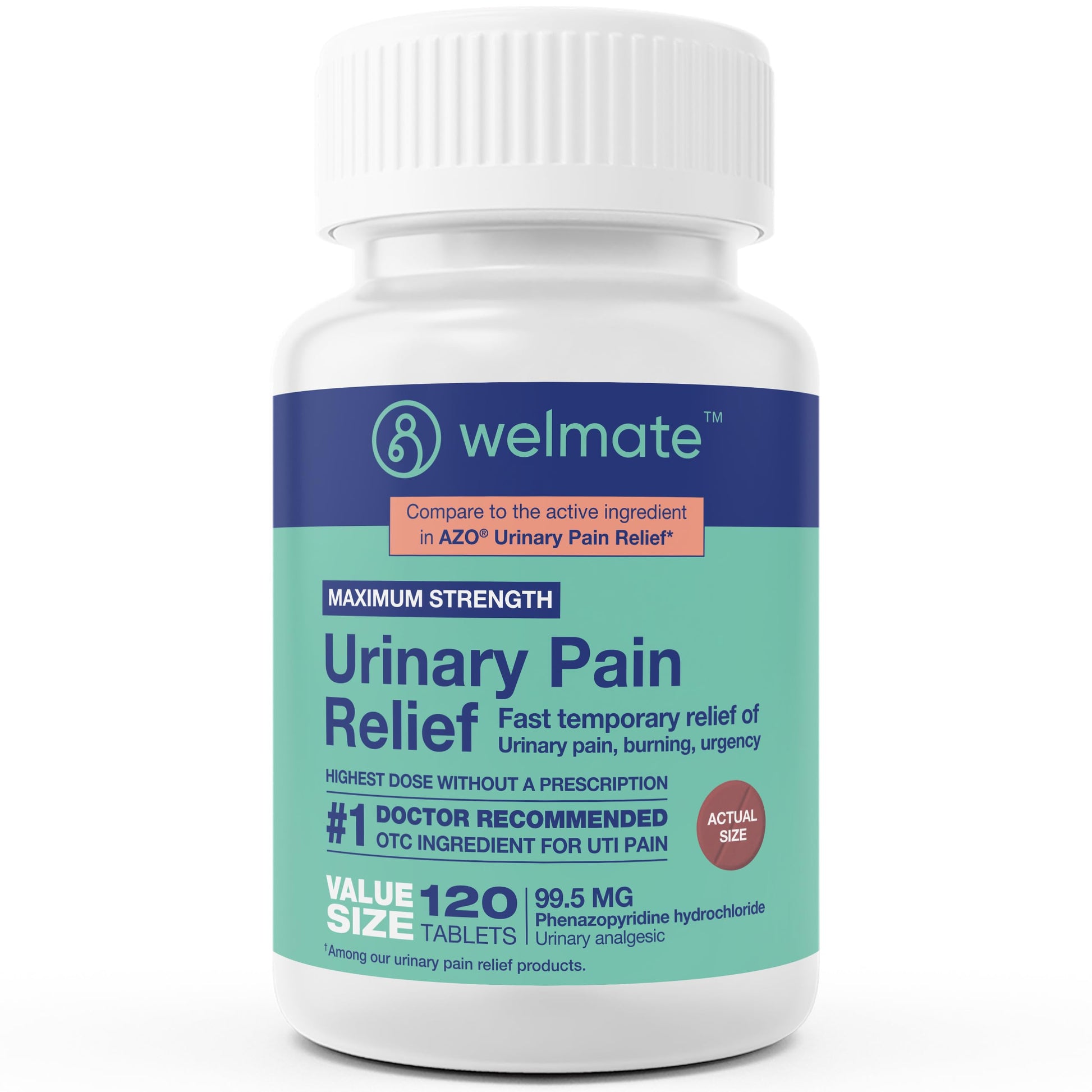 WELMATE Urinary Pain UTI Relief Maximum Strength (Phenazopyridine HCL) - Improve Urinary Tract Health & Bladder Control, Urgency, & Discomfort | Over-The-Counter Medication for Men & Women (120 Pills) WELMATEAu supplements