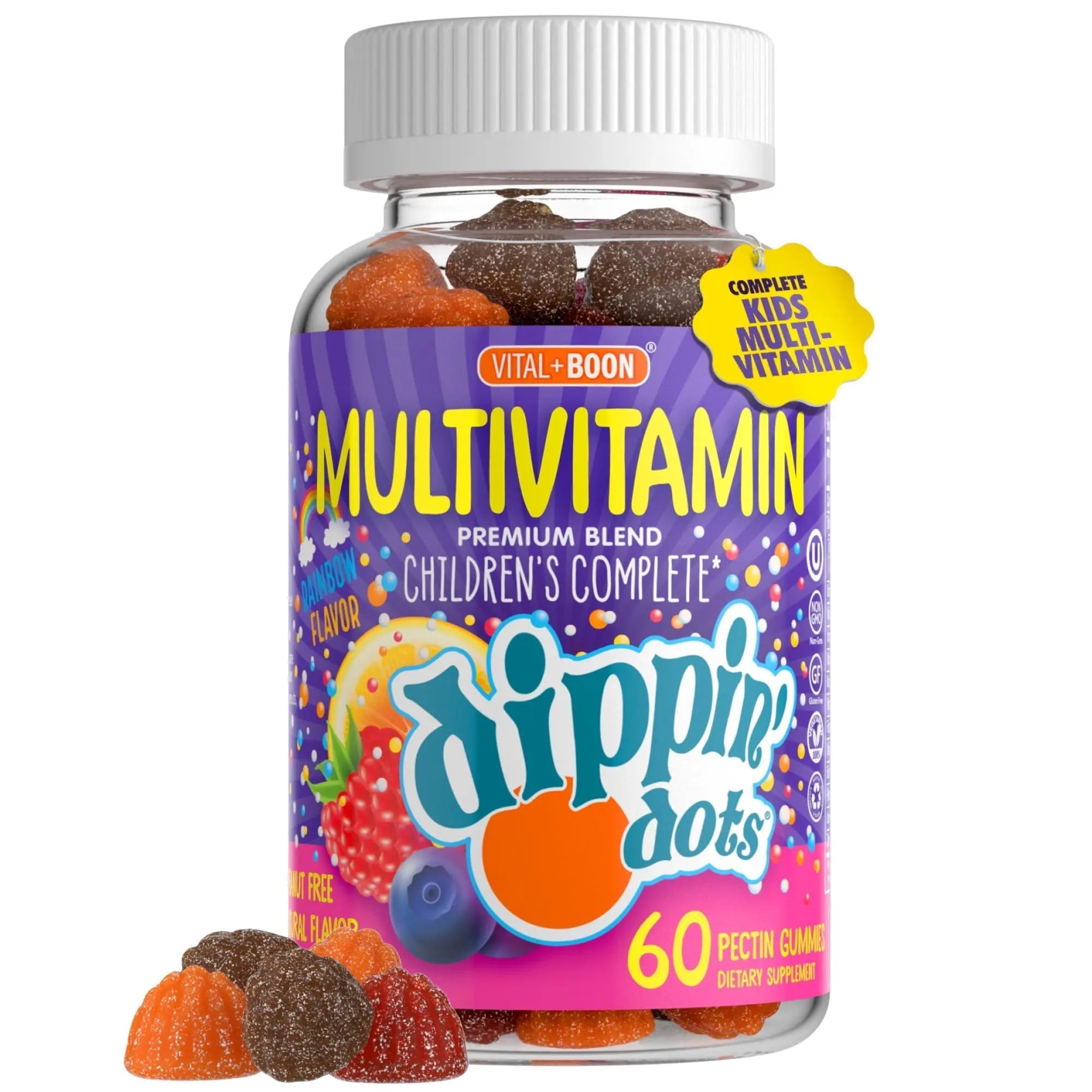 Dippin' Dots - Multivitamin Gummies for Kids Rainbow Fruit Flavor Complete Multivitamin Chewy Gummies Vitamin A, B, C, D3, E, B6, Zinc - 60 Count Vital+BoonAu supplements
