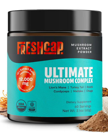 FreshCap Mushrooms Ultimate Mushroom Supplement Powder 12,000mg - Nootropic Organic Mushroom Complex for Focus & Memory, Brain Support Supplement, Ayurveda Mushroom Powder Extract (60 Servings) FreshCap MushroomsAu supplements