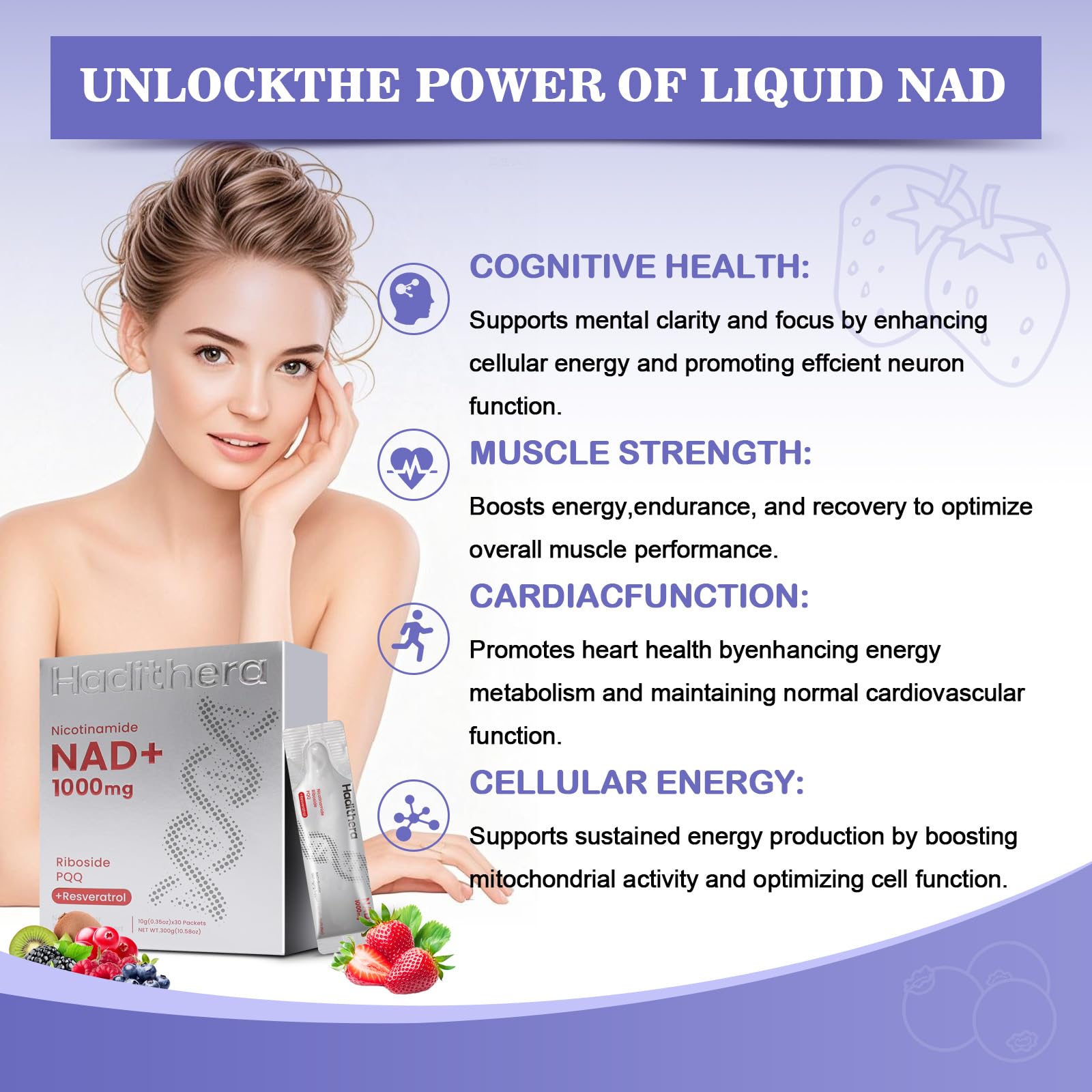 Haditheran NAD Supplement 1000mg Synergistic Blend with Nicotinamide Riboside, PQQ & Resveratrol - Premium Anti-Aging Supplement for Cellular Energy, Mental Clarity and Longevity (30 Packets) HaditheranAu supplements