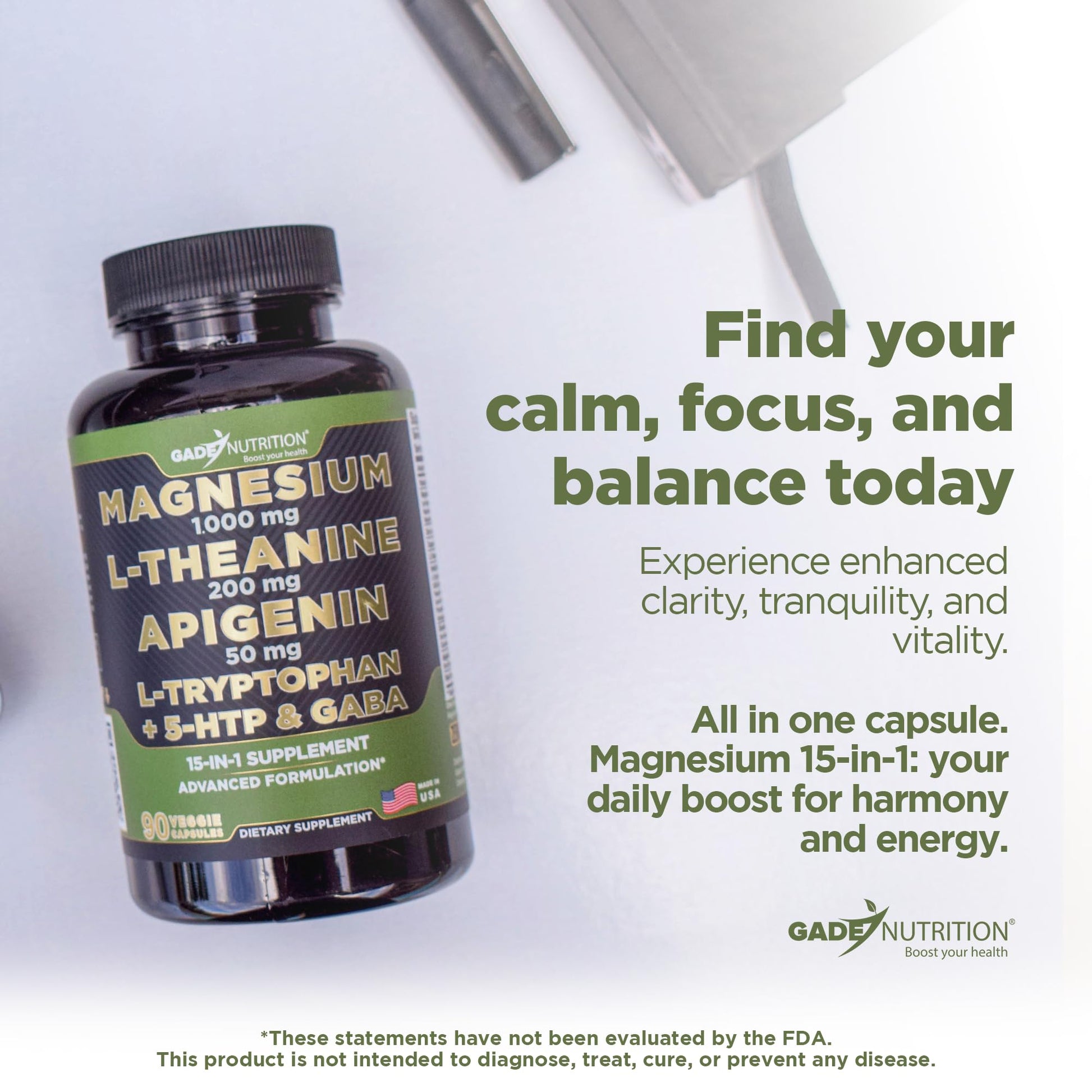 Gade Nutrition Magnesium Glycinate & Magneisum Supplements with Apigenin, L Theanine 200 mg, 5 HTP, GABA Calm Brain Booster Supplement Sleep Aid Ashwagandha L Tryptophan Chamomile GADE NUTRITION BOOST YOUR HEALTHAu supplements