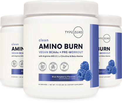 Type Zero Amino Burn - Vegan BCAA + Clean Pre Workout Powder with Arginine AKG, L-Citrulline & Beta Alanine - Amino Acid Clean Energy, Endurance & Hydration Supplement - Blue Raspberry, 30 Servings Type ZeroUS supplements