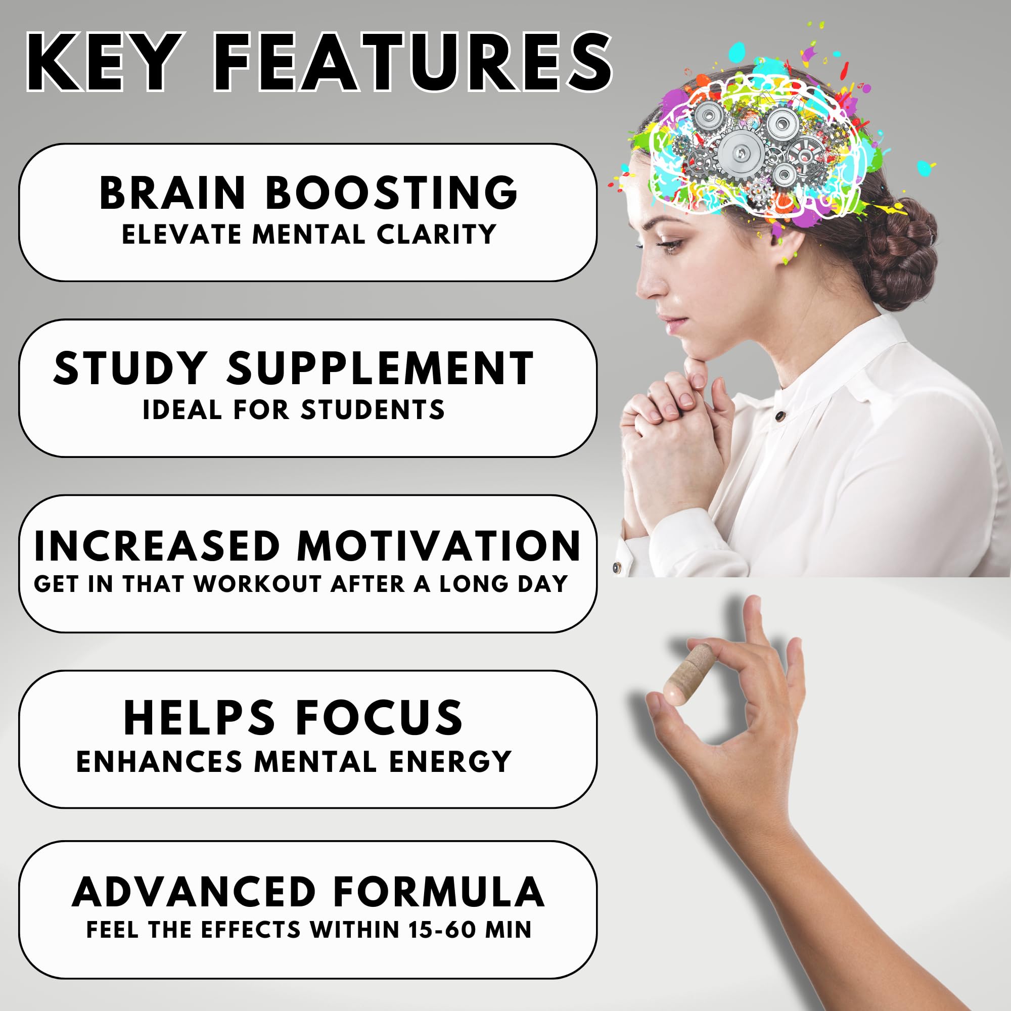 Focus Pep Addrell Energy Stimulant Pills- Natural Nootropic Brain Supplement Alternative Pill & Study Supplements Substitute to Elevate Mental Clarity for Women & Men OTC- 60 Mind Booster Capsules Focus PepAu supplements