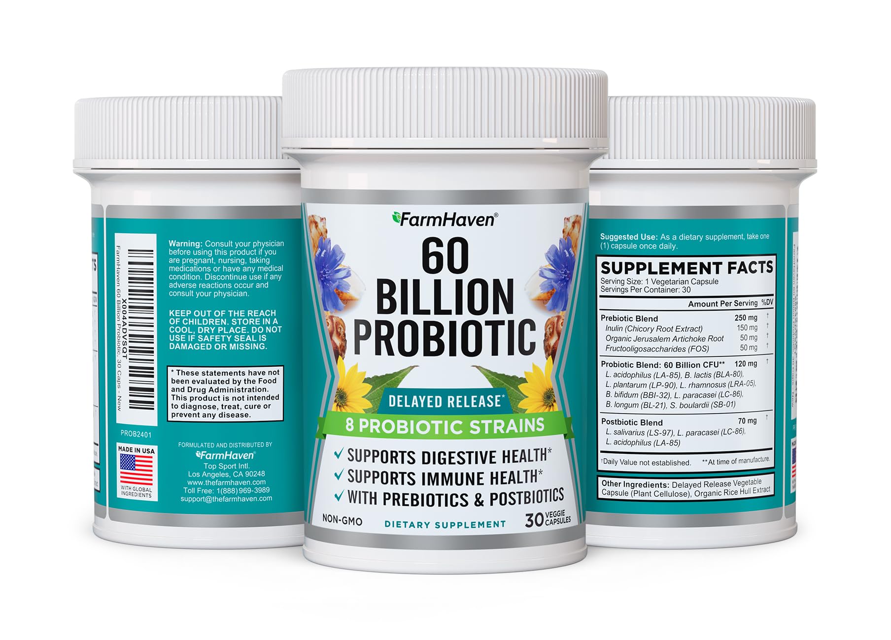 FarmHaven 60 Billion CFU Probiotic - 8 Probiotic Strains - Prebiotics & Postbiotics - Supports Digestive & Immune Health - Delayed Release - Shelf Stable - Non-GMO, Gluten Free - 30 Caps FarmHavenAu supplements