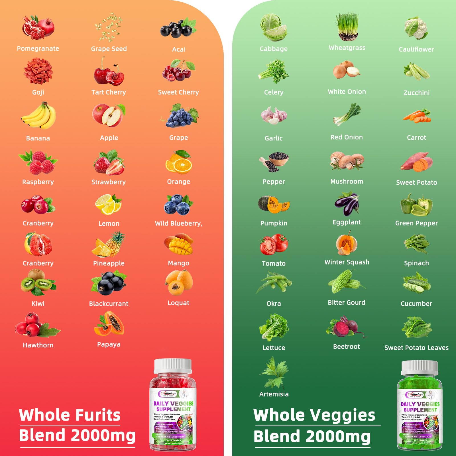 Sugar-Free Fruits & Veggies Gummies, Super Greens with 23 Fruits & 25 Veggies, Multivitamin Minerals & Fiber, Vegan Fruit & Vegetable Supplement for Adults, 120 Gummies, 2 Month Supply AlliwiseAu supplements