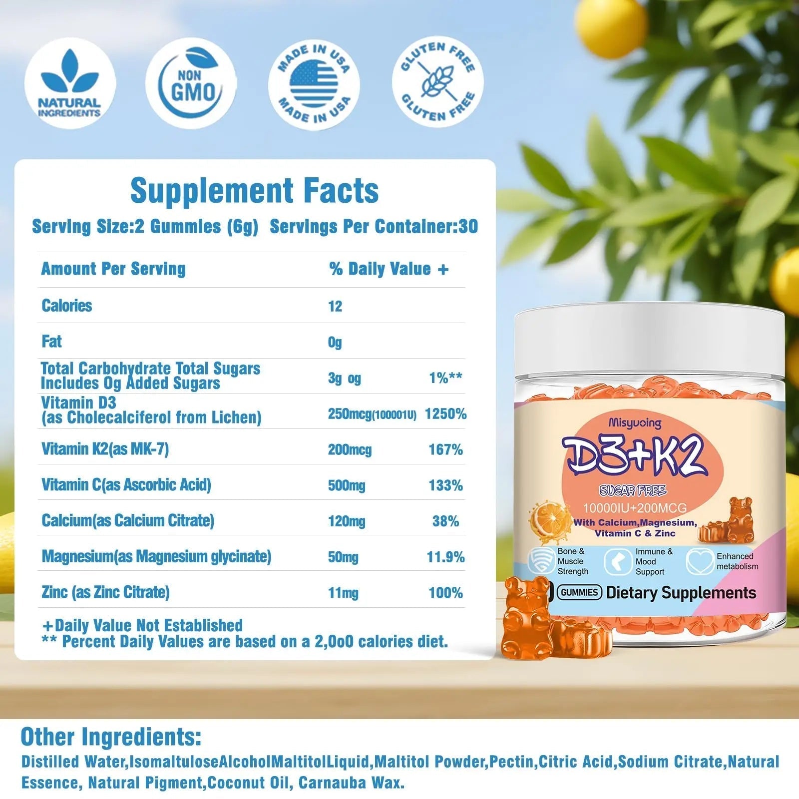 Misyvoing Vitamin D3 K2 Sugar-Free Gummies,Vitamin D3 10000 IU with K2 200mcg,VitaminC,Calcium,Magnesium,Zinc,Support for Bones MisyvoingAu supplements