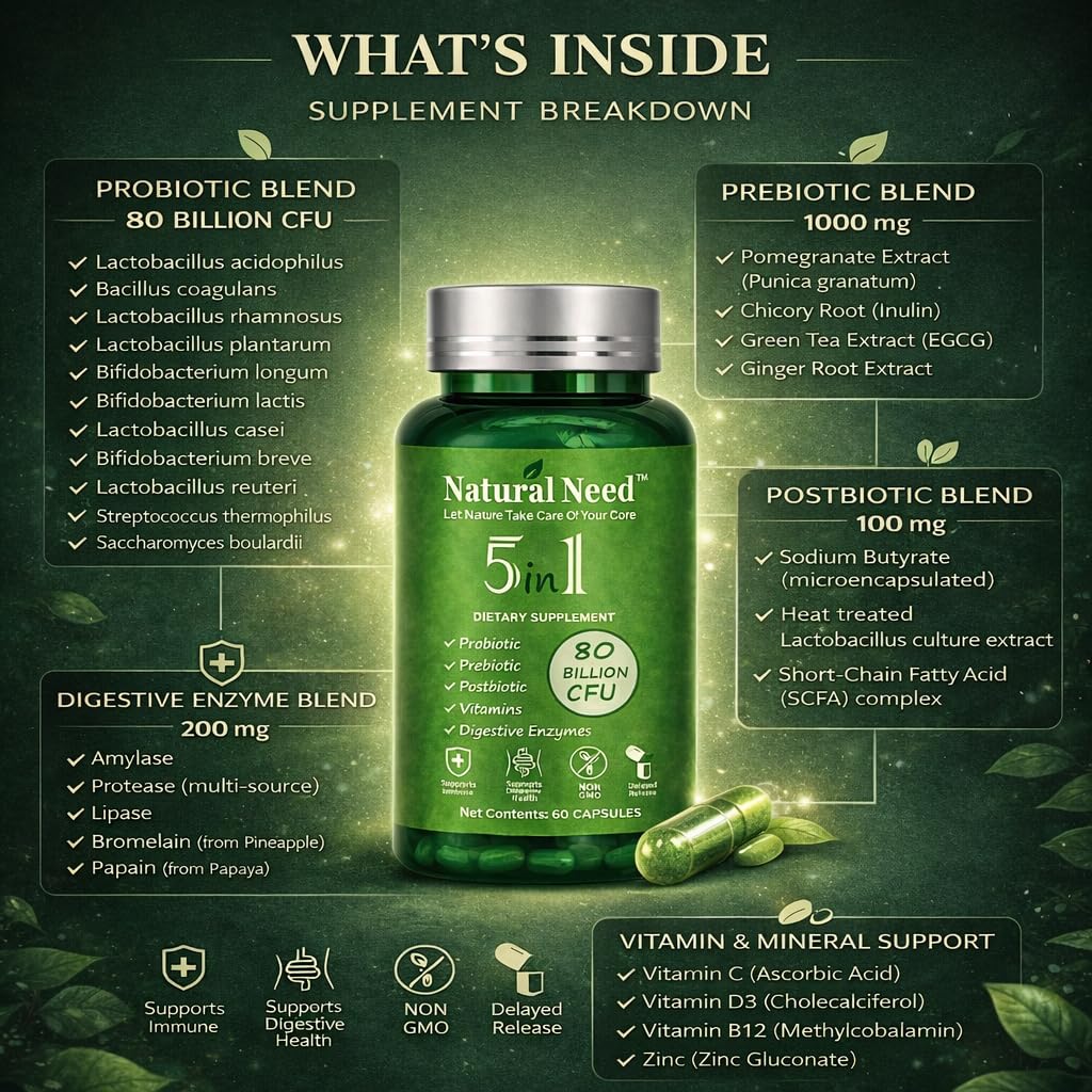 NATURAL NEED™ Gut Health – 5-in-1 Formula with Probiotics, Prebiotics, Postbiotics, Enzymes & Vitamins (C,D3,B12,Zinc) – Delayed Release Capsule – Supports Overall Digestion, Immunity & Gut – 60 Vegan NATURAL NEEDAu supplements