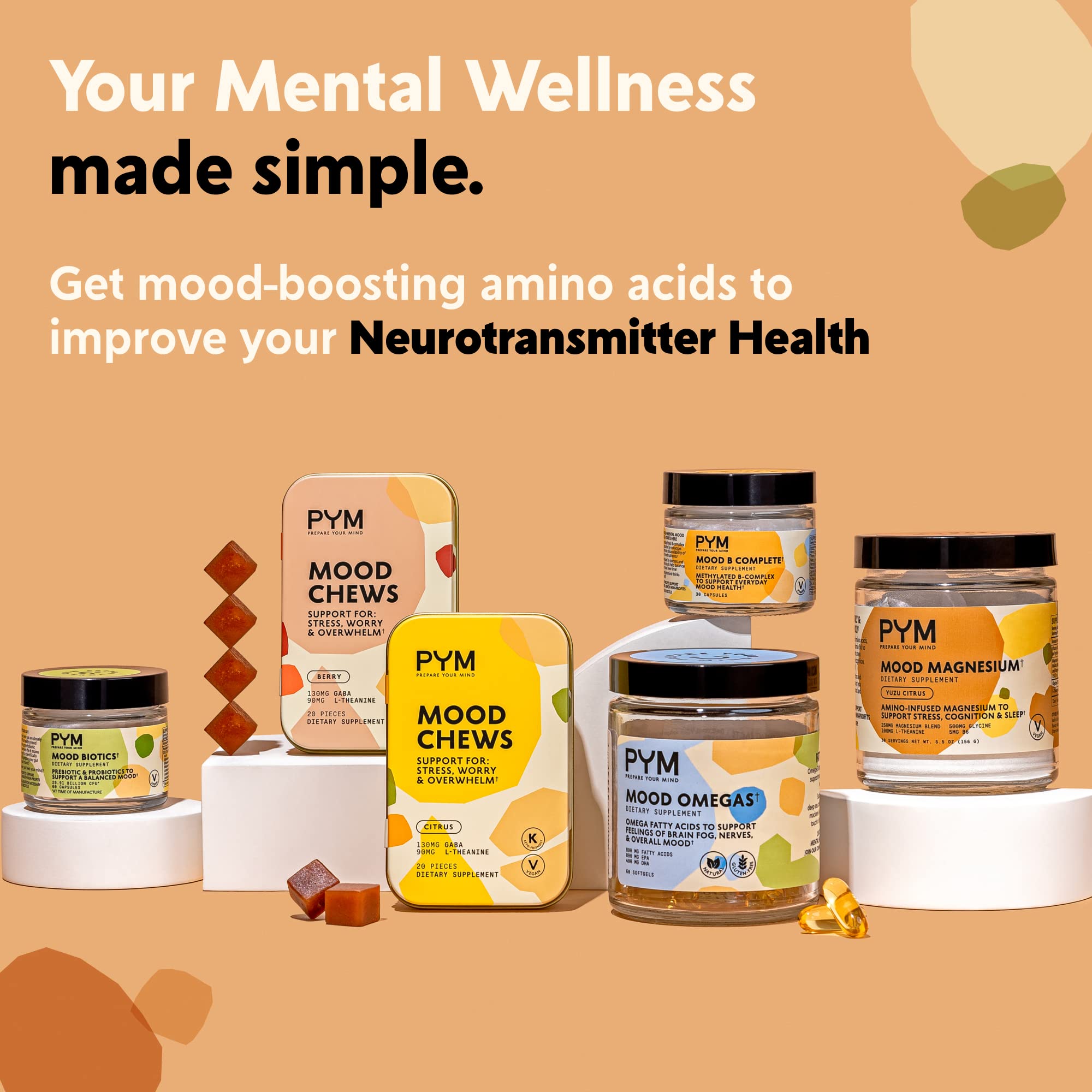 PYM Citrus Mood Chews Support for Stress, Worry & Overwhelm, 120 Count | 130mg GABA, 90mg L-Theanine | Vegan, Non-GMO, Gluten-Free, No Added Sugar | All-Natural Mood Balance Supplement Made in USA PYM HealthAu supplements