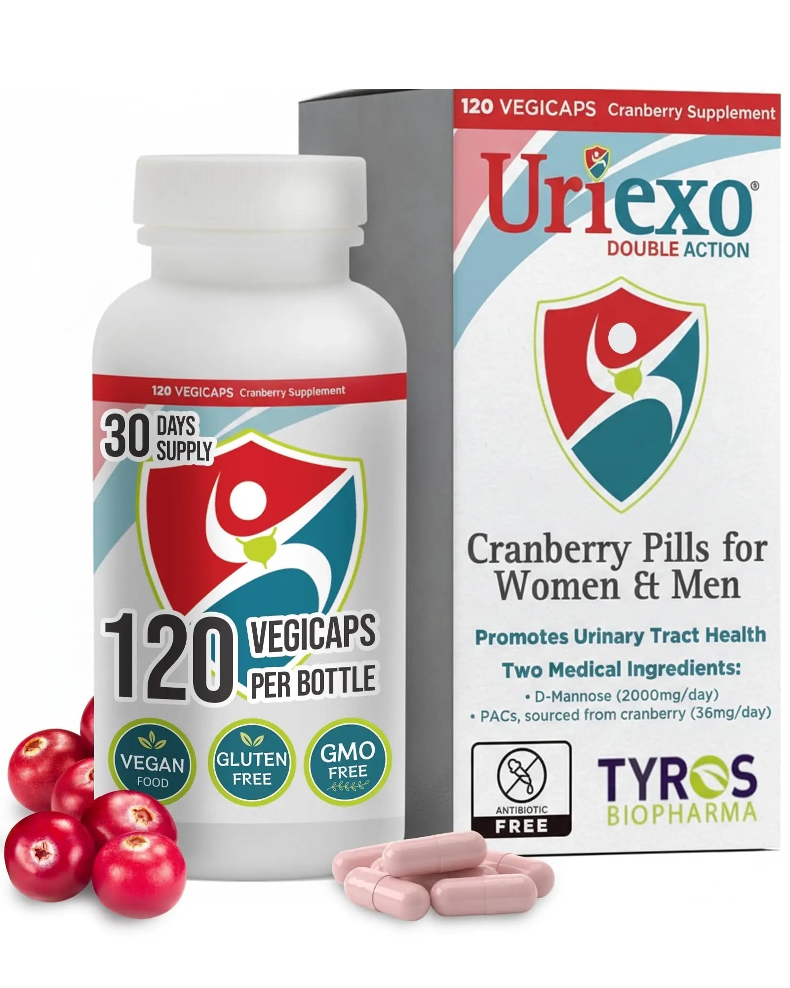 Uriexo Double Action Support Cranberry Pills - Urinary Tract Health Supplement with 36mg Proanthocyanidins PACs & 2000mg D-Mannose, Capsules for Men & Women, Non-Antibiotic Formula, 30 Day Supply UriexoAu supplements