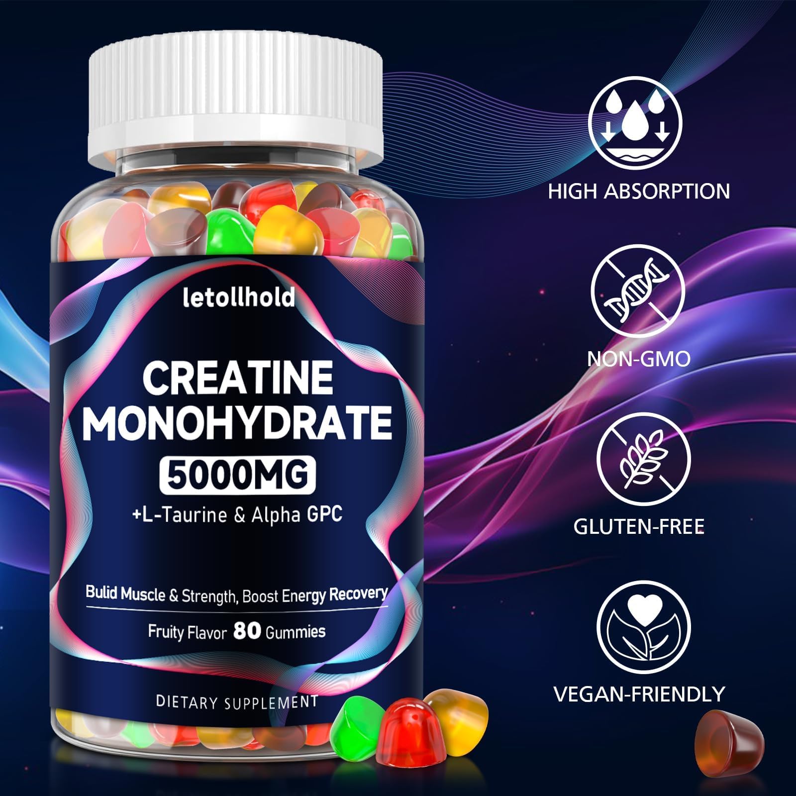 Creatine Monohydrate Gummies 5g for Women & Men - Creatine Gummies for Women Pre Workout Chewables with L-Taurine & Alpha GPC, Sugar-Free Muscle Builder, Energy Boost, Vegan Non-GMO (160 Count) letollholdAu supplements